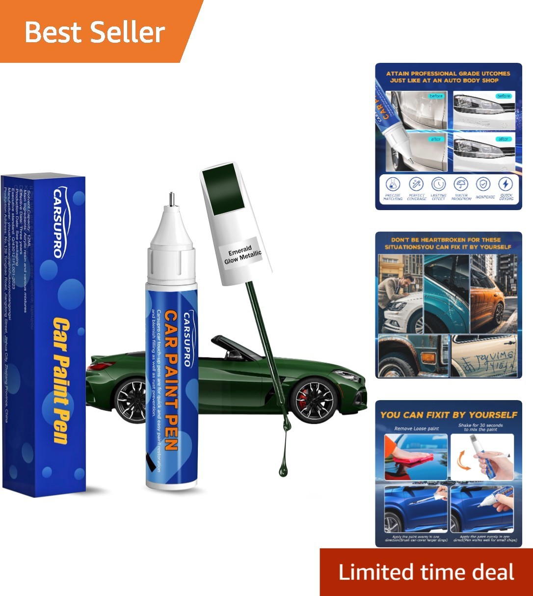 Waterproof 12ml Touch Up Paint for Cars | Emerald Glow Metallic Scratch Repair