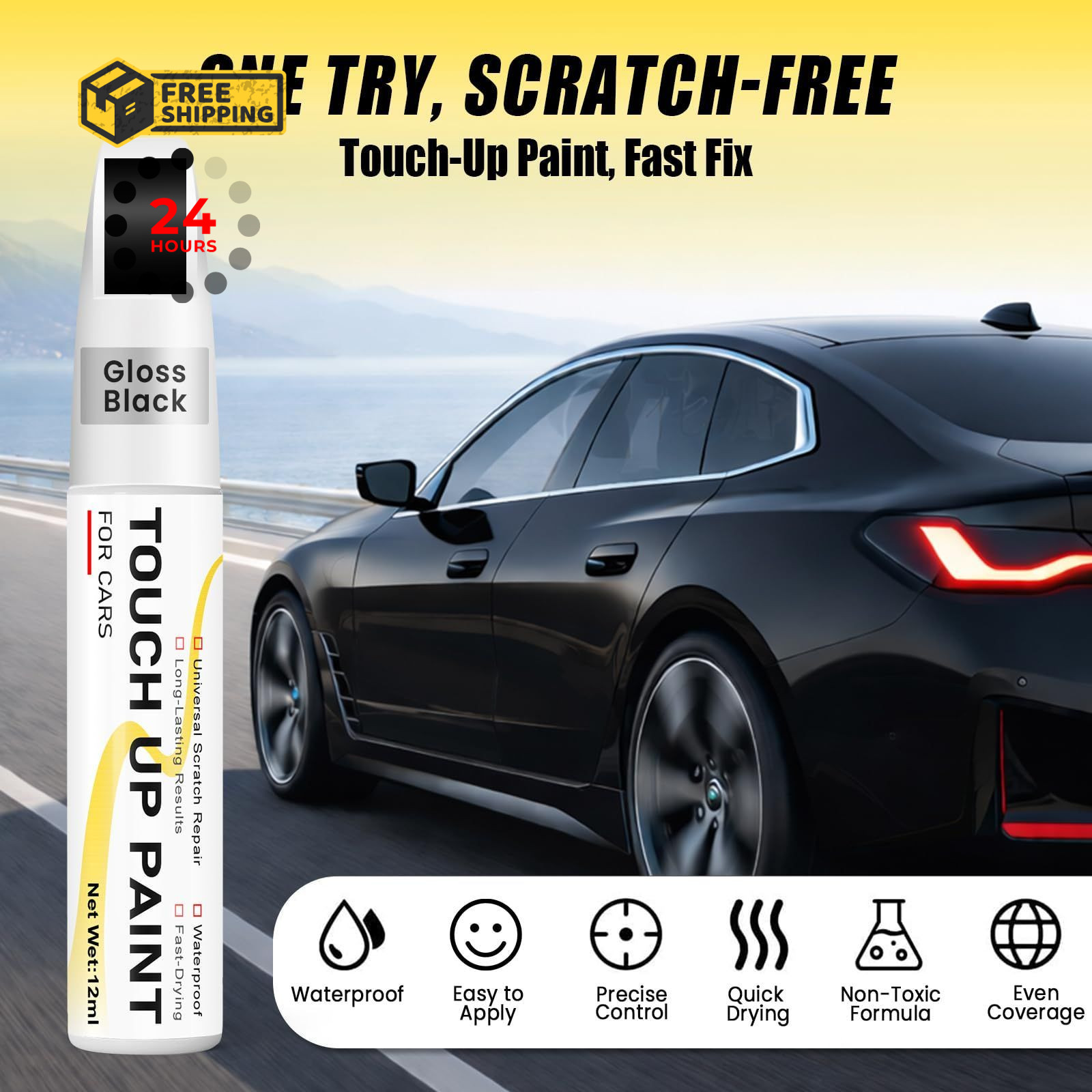 Gloss Black Touch Up Paint for cars, 2-in-1 0.4 Fl Oz (Pack of 1),