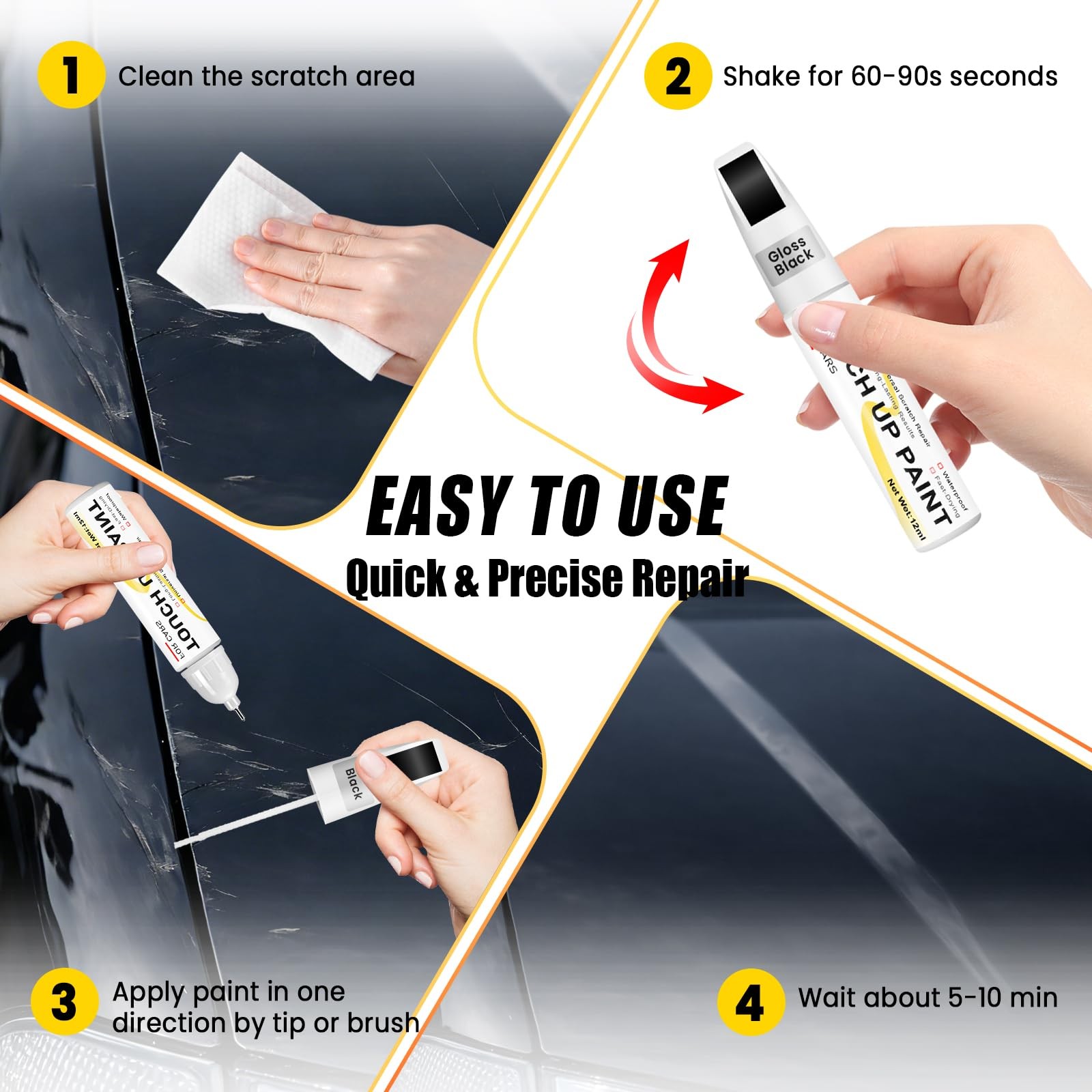 Gloss Black Touch Up Paint for cars, 2-in-1 0.4 Fl Oz (Pack of 1), Pure