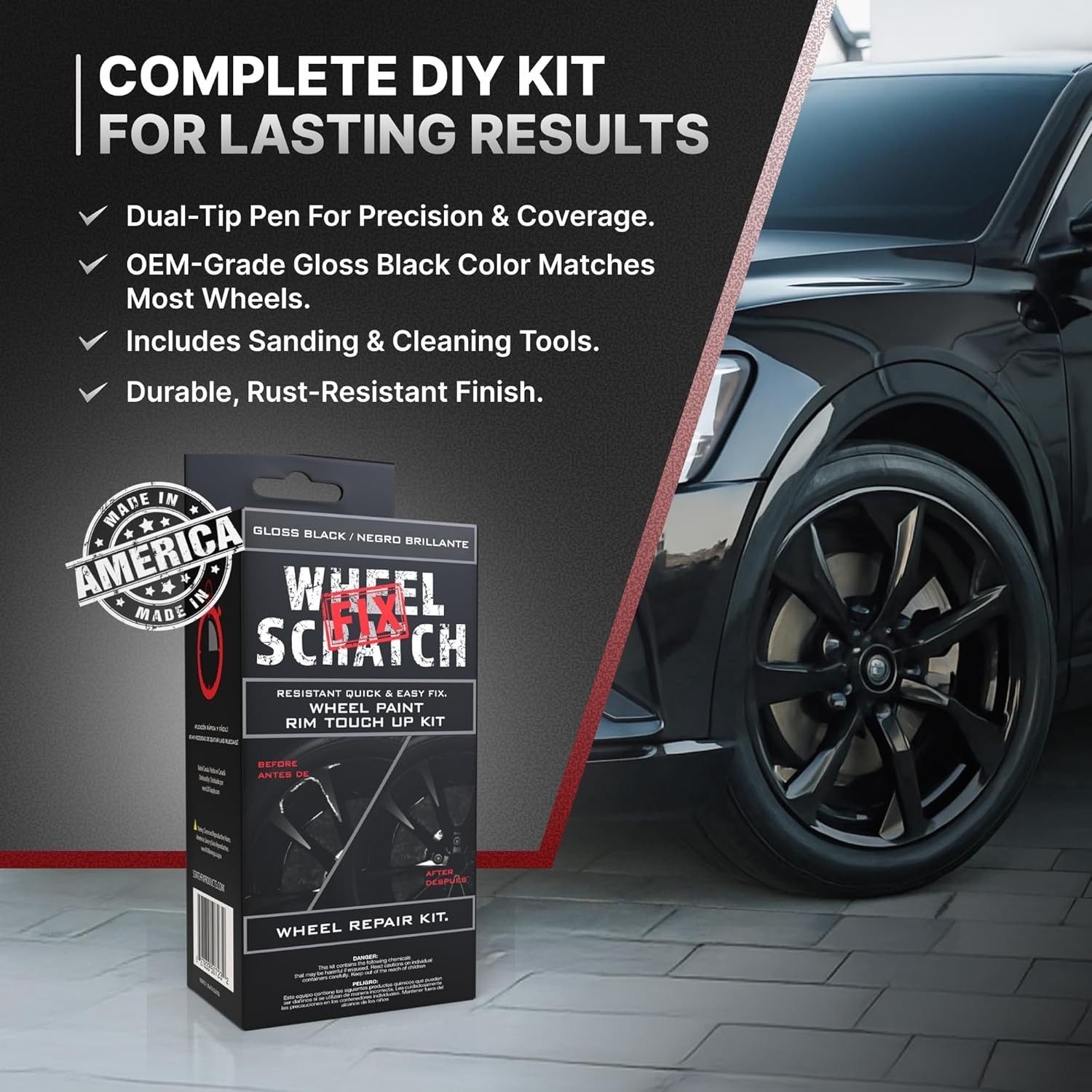 DIY Alloy Wheel Repair Kit with Gloss Black Paint for Scuff and Chip Removal
