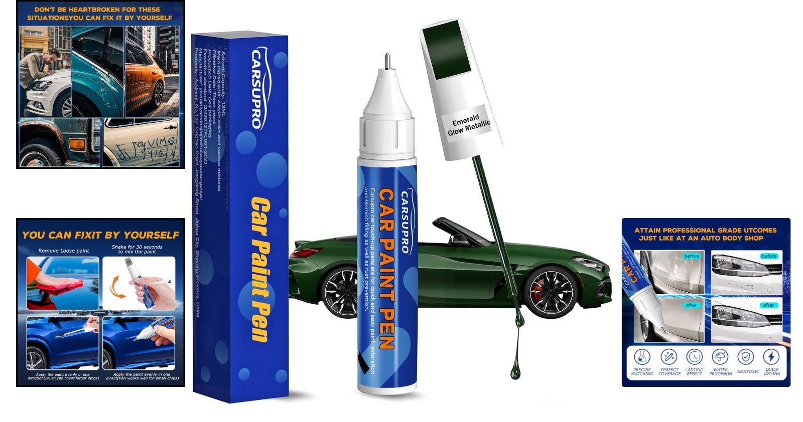 Waterproof 12ml Touch Up Paint for Cars | Emerald Glow Metallic Scratch Repair