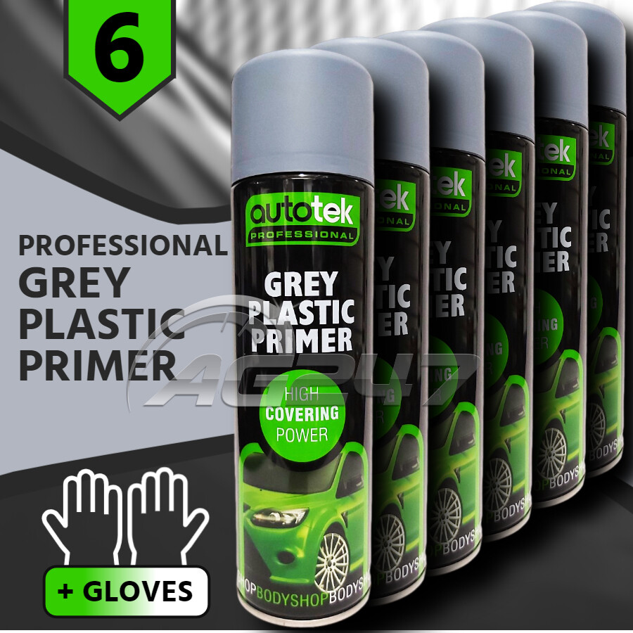 6x 500ml AUTOTEK Professional Fast Drying Grey Plastic Primer Spray Aerosol+G+M