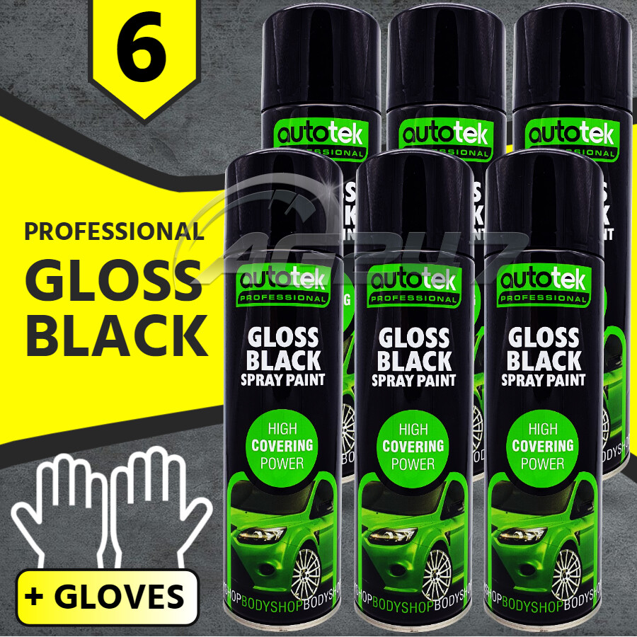 6 x 500ml AUTOTEK Professional Gloss Black Spray Paint Aerosol Can+Gloves+M