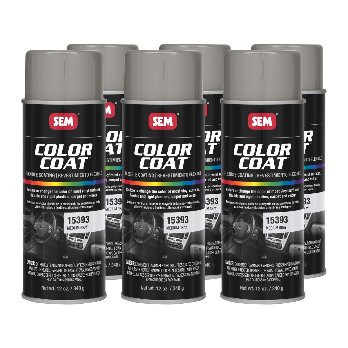 SEM 15393 Color Coat Medium Gray Flexible Auto Body Paint 12 oz (6 Pack)