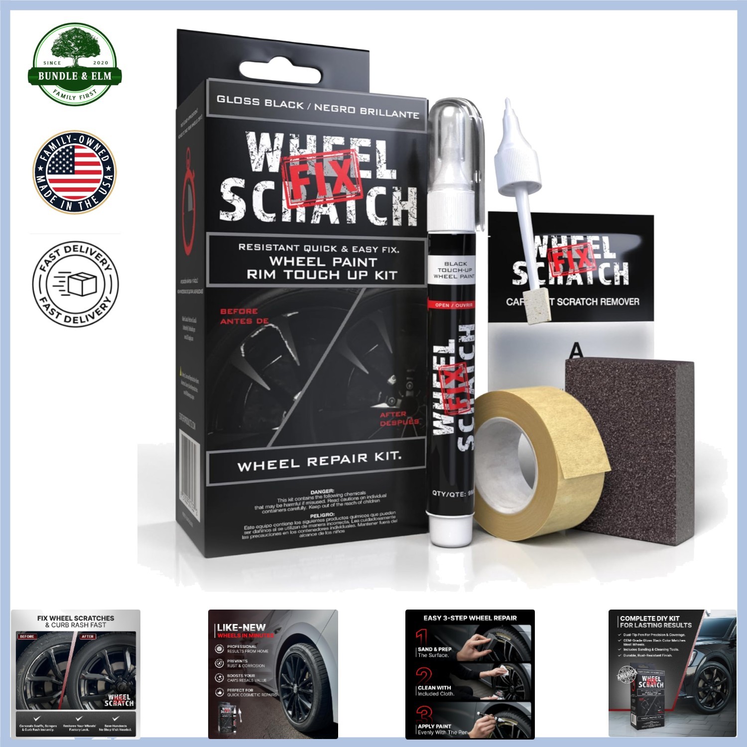 DIY Alloy Wheel Repair Kit with Gloss Black Paint for Scuff and Chip Removal