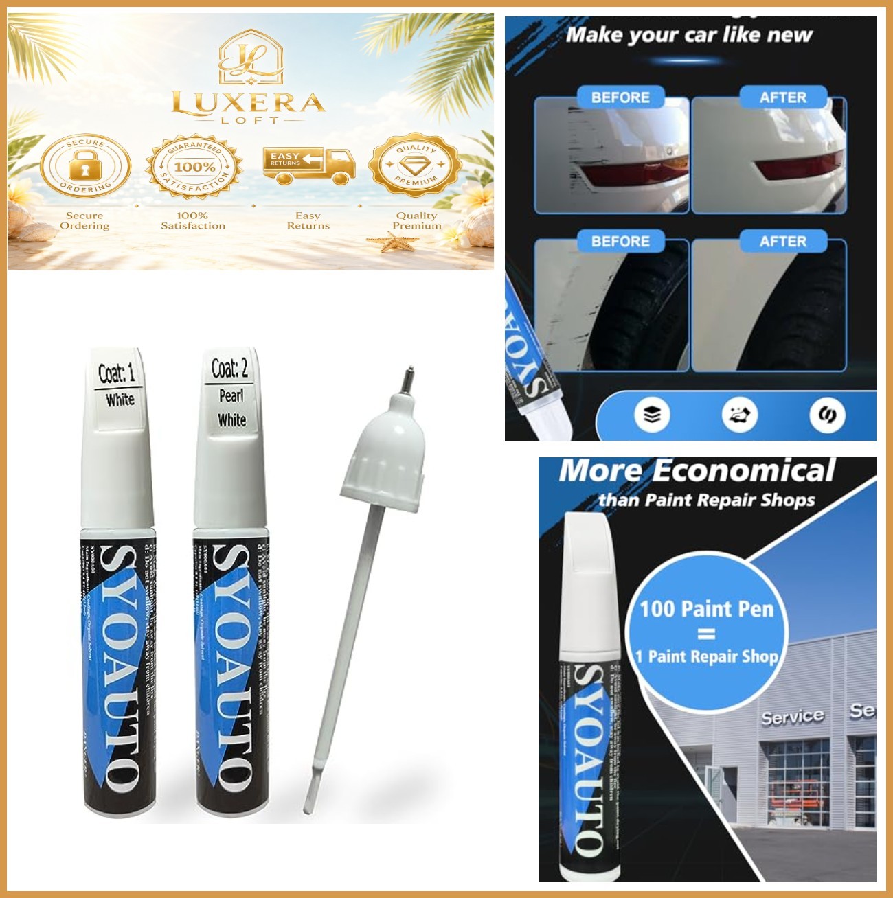 Pearl White Touch Up Paint for Cars Scratch Repair Pen & Brush Set 2 in 1