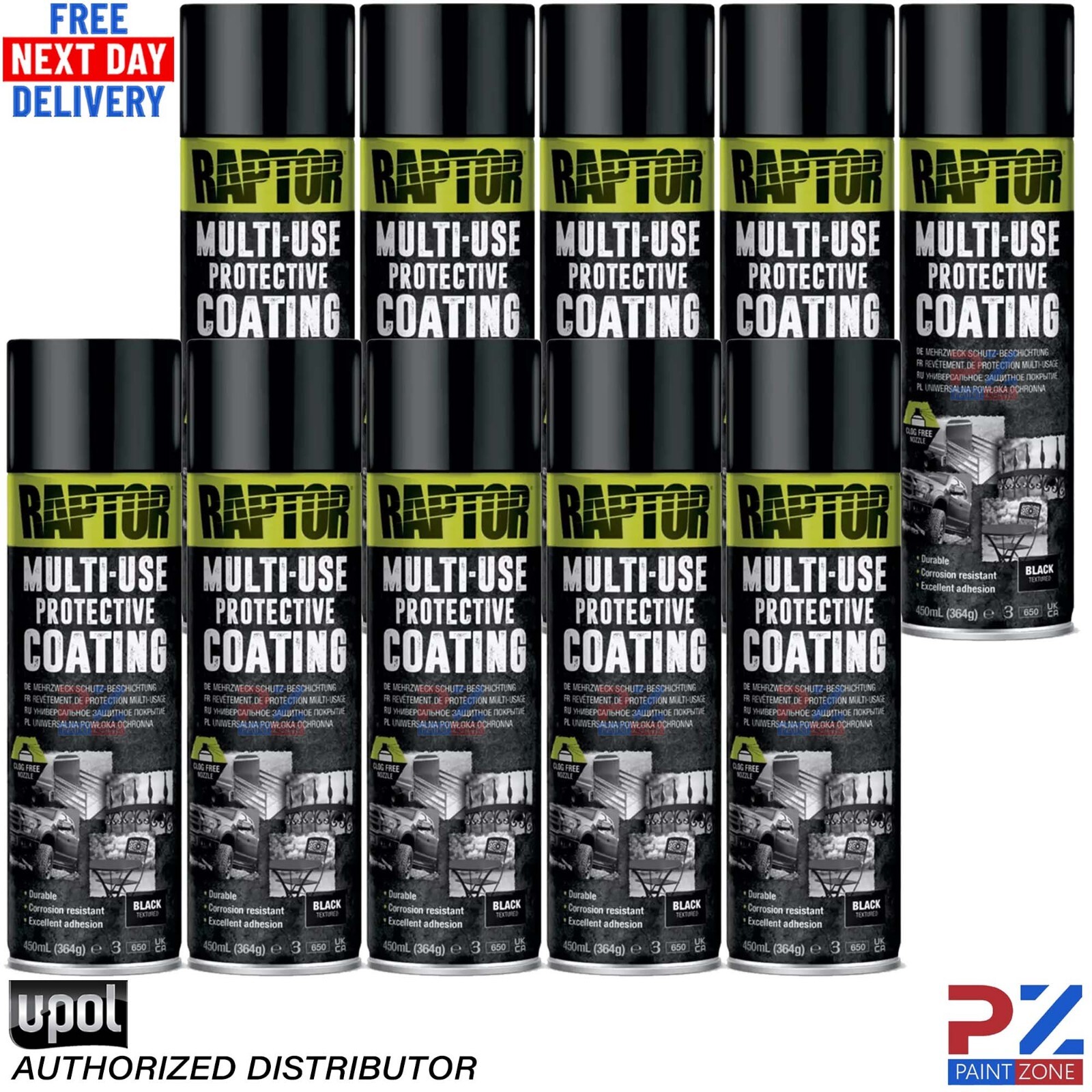 10X UPOL RAPTOR 1K MULTI-USE RMUB/AL PROTECTIVE COATING AEROSOL 450ML – BLACK