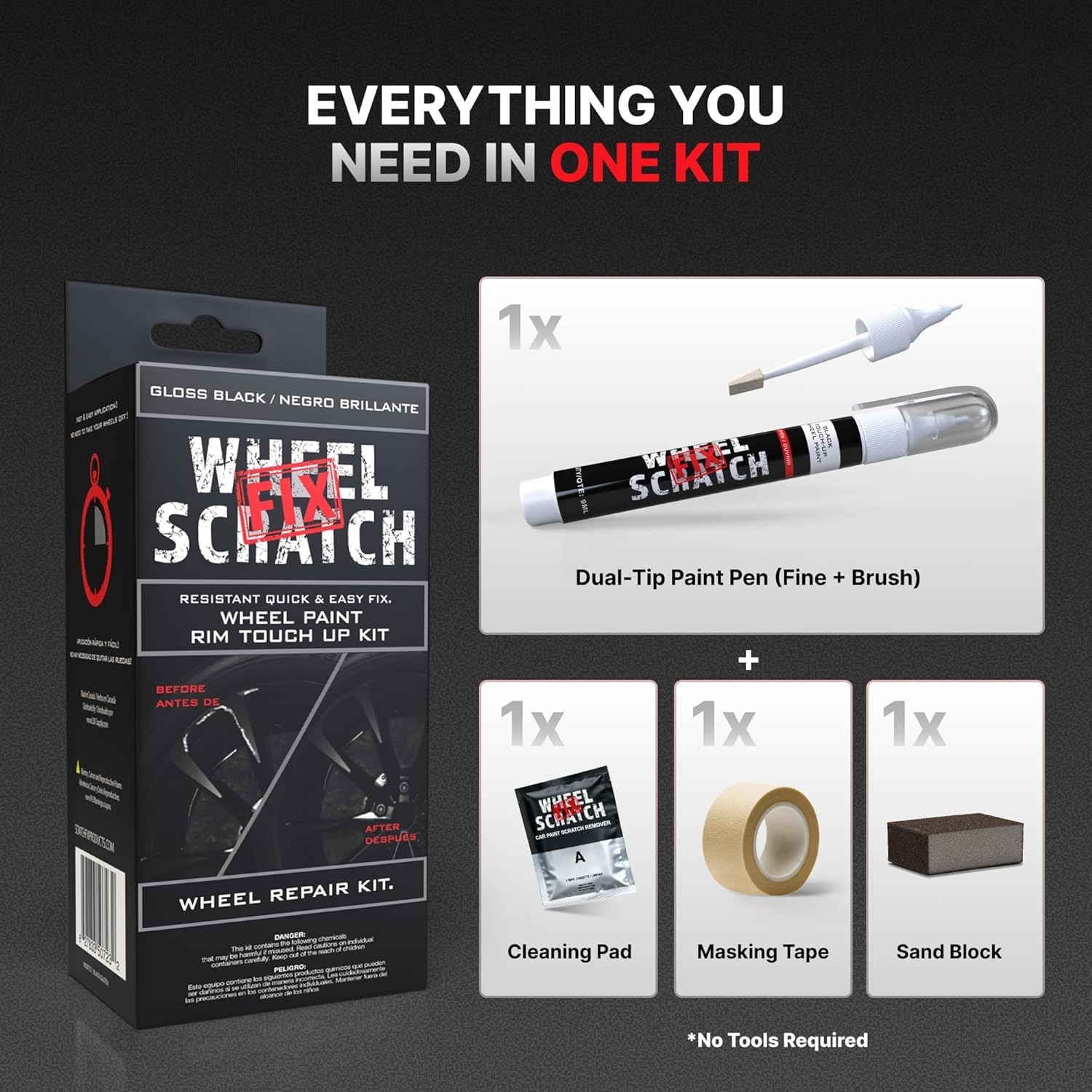 UV Resistant Gloss Black Paint for Wheels, Easy Application Repair Kit
