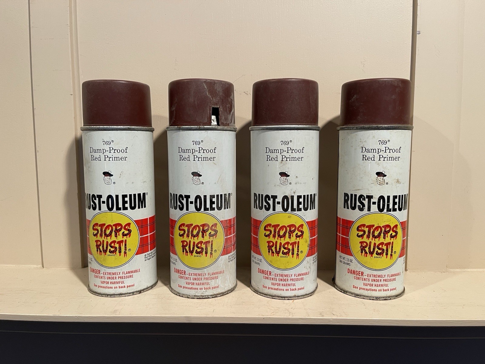 4 NOS Vintage Unused 1973 Rust-Oleum Spray Paint 13oz Cans Damp Proof Red Primer