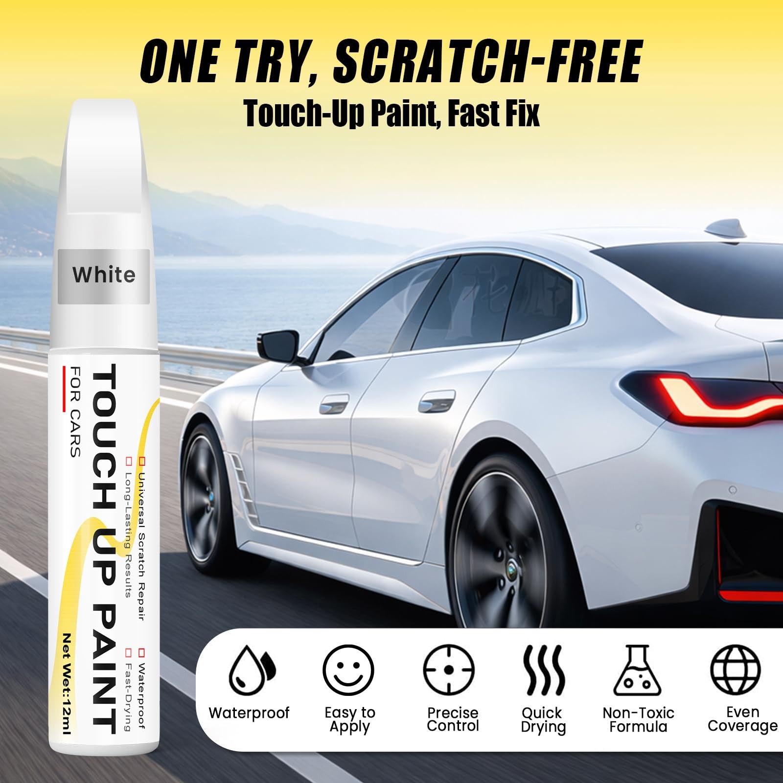 Pure White Touch Up Paint for cars, 2-in-1 Brush 0.4 Fl Oz (Pack of 1),