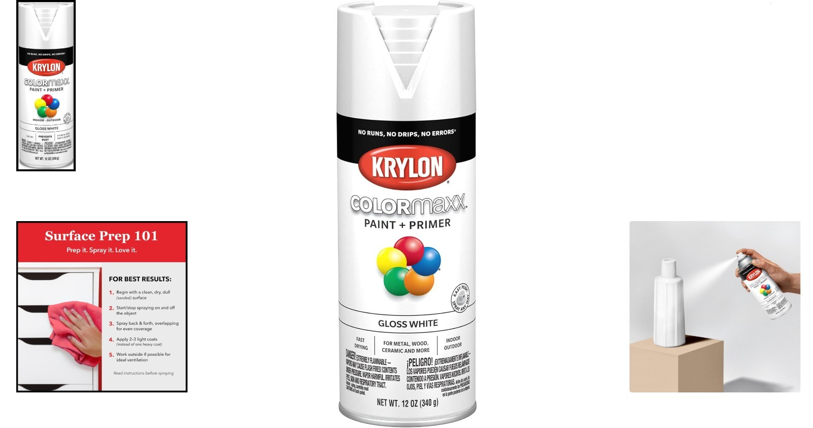K0007 COLORmaxx Quick Dry Gloss White Spray Paint & Primer, 12 Oz Can – Easy Use