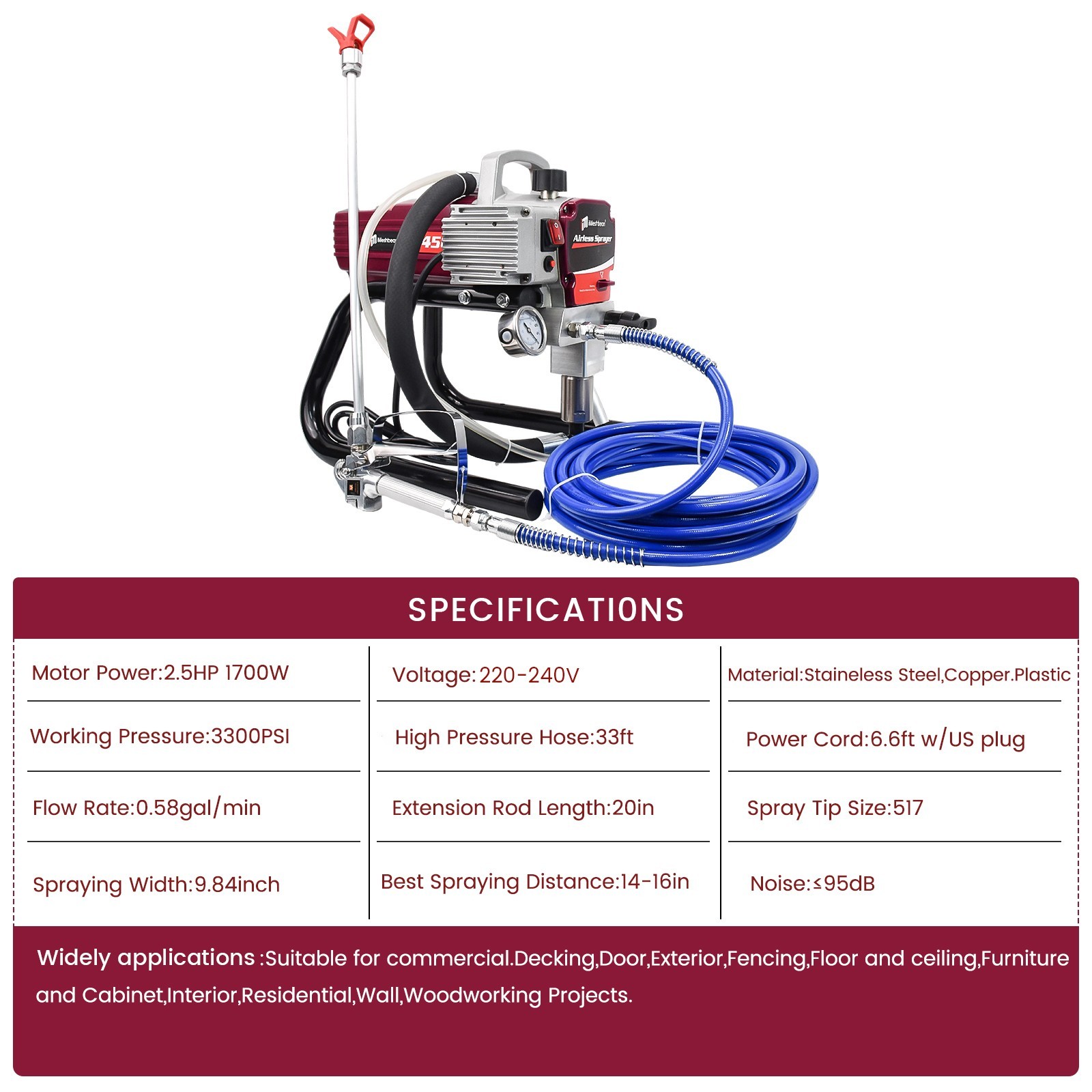 2.5HP Electric Airless Paint Sprayer High Efficient 3300PSI W/Extension Rod 220V