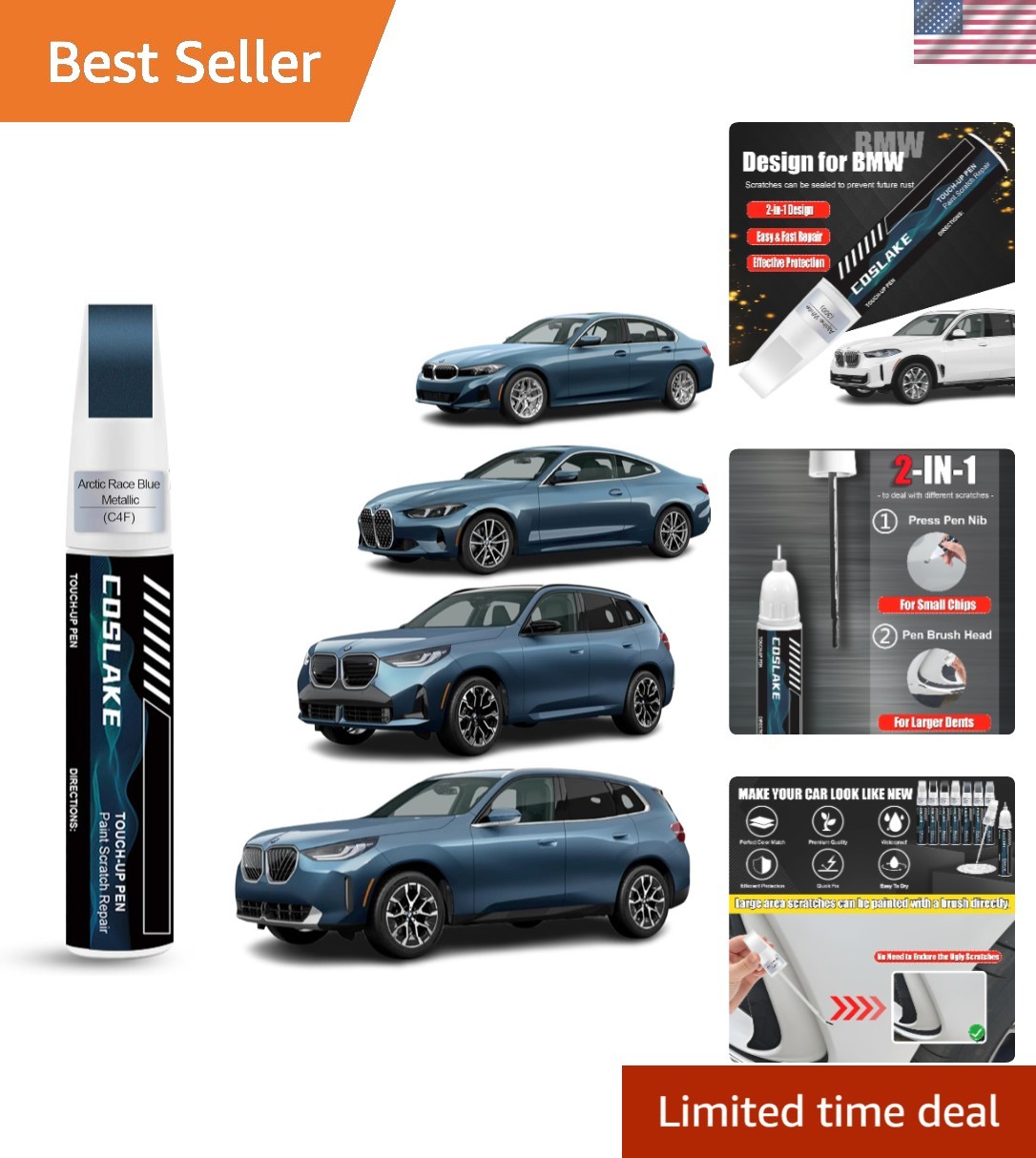 Precision Touch-Up Paint for BMW: Arctic Race Blue Metallic 12ml Car Scratch Fix