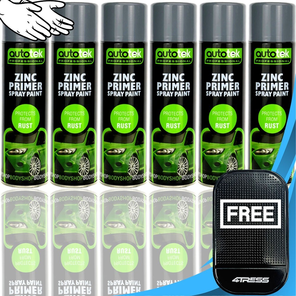 6x AUTOTEK ZINC PRIMER 500ml Professional Aerosol Spray Paint Fast Drying+Gl+M