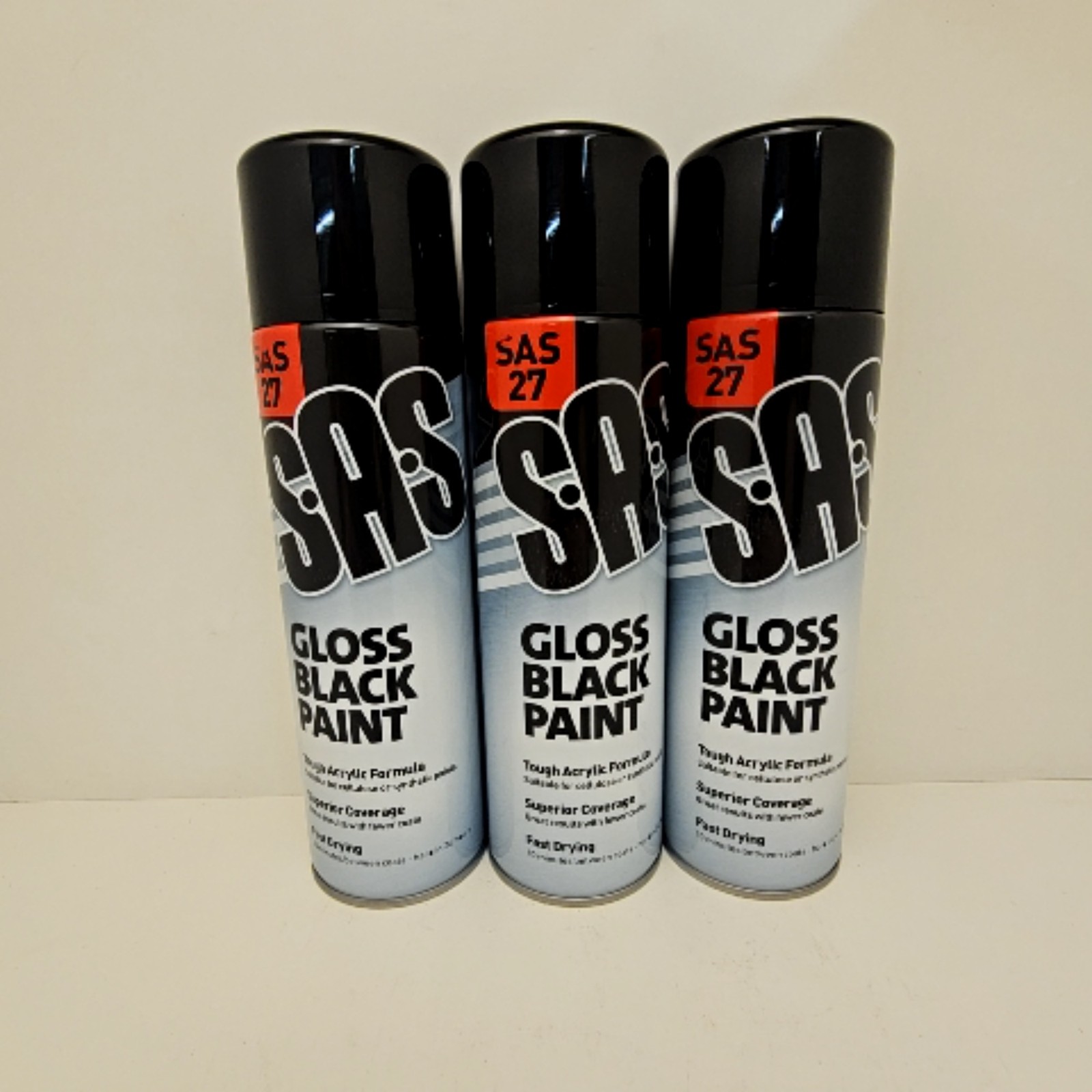 SAS 27 Black Gloss Spray Paint Tough Acrylic Formula 500ml Fast Dry lot of 3 M