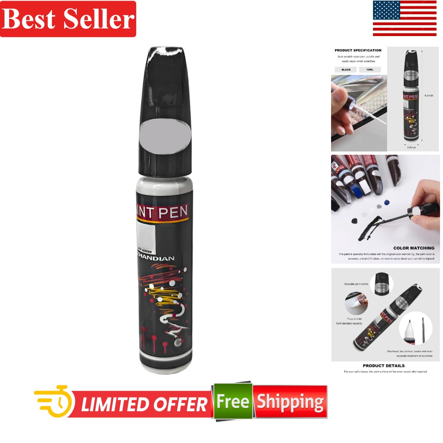 Automotive Touch Up Paint Pen Compatible With Car Model 12ml Pure Black