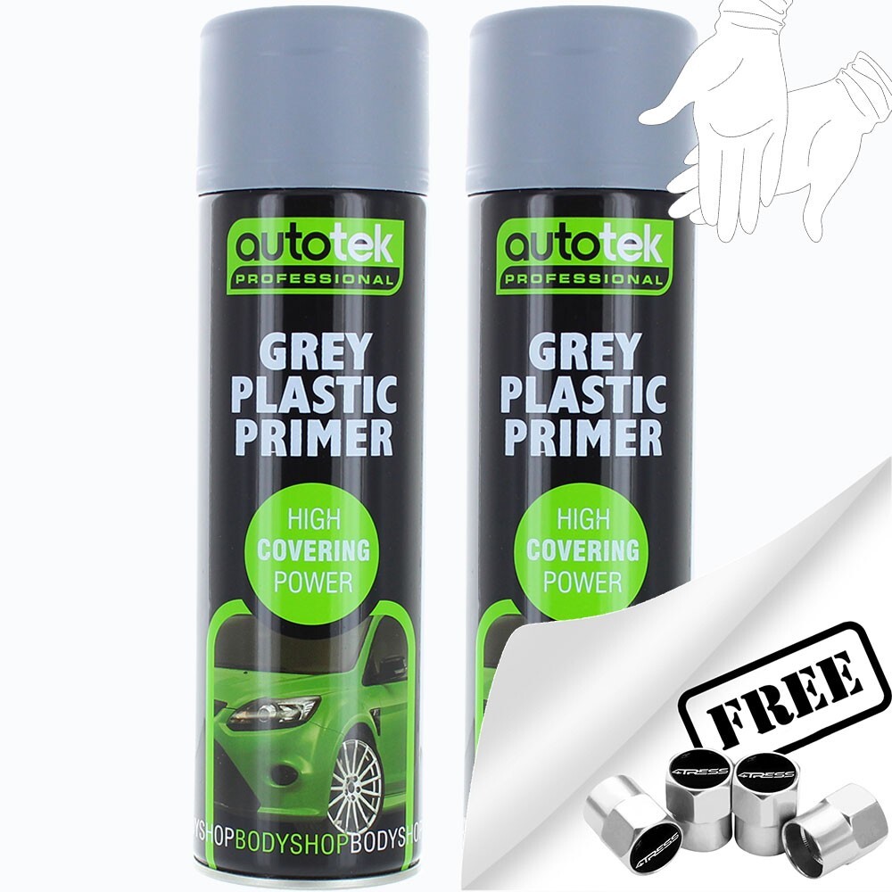 2 x Autotek GREY PLASTIC PRIMER Spray Paint Professional High Covering +G+CP