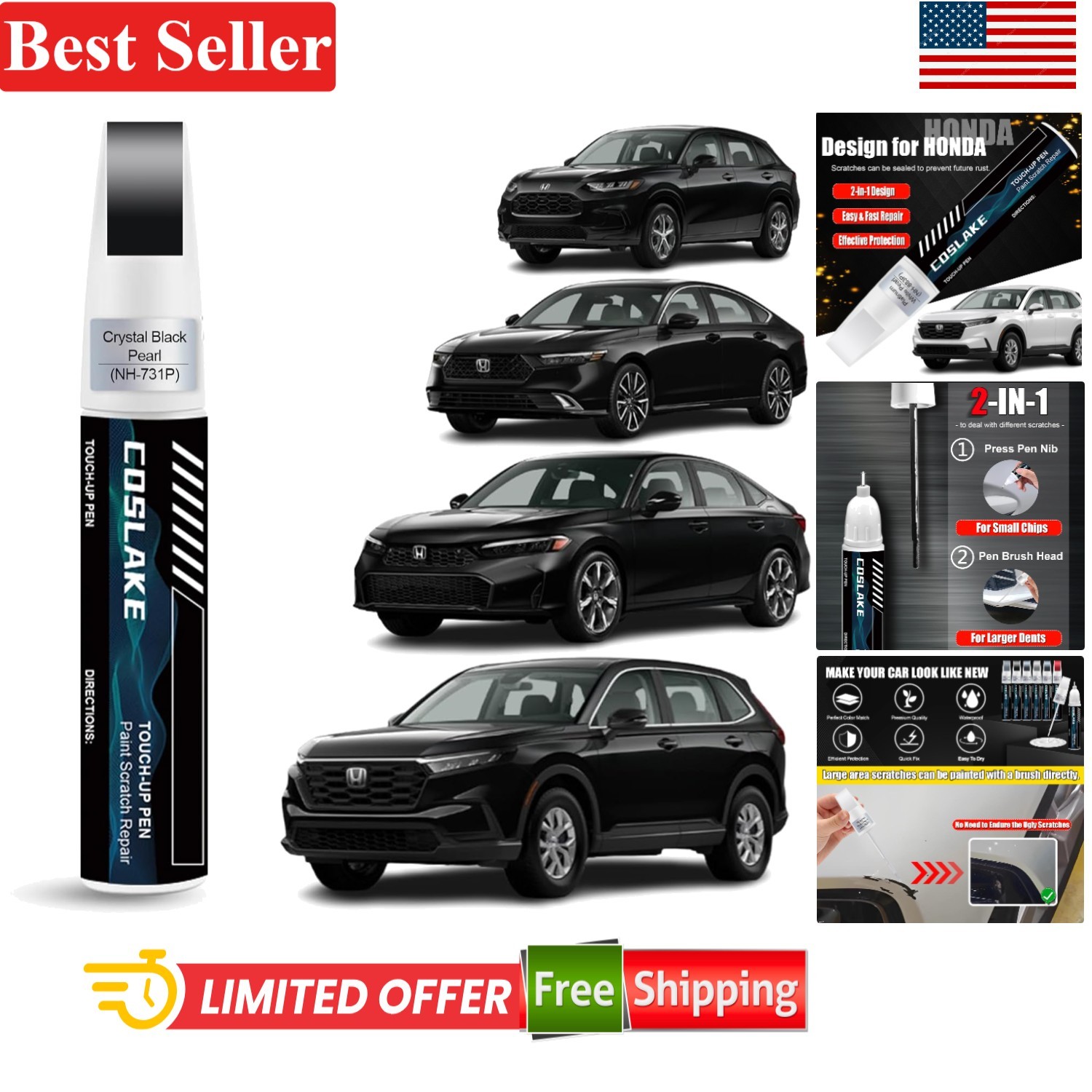 Car Touch Up Paint for Honda Crystal Black Pearl NH-731P 12ml Scratch Repair Kit