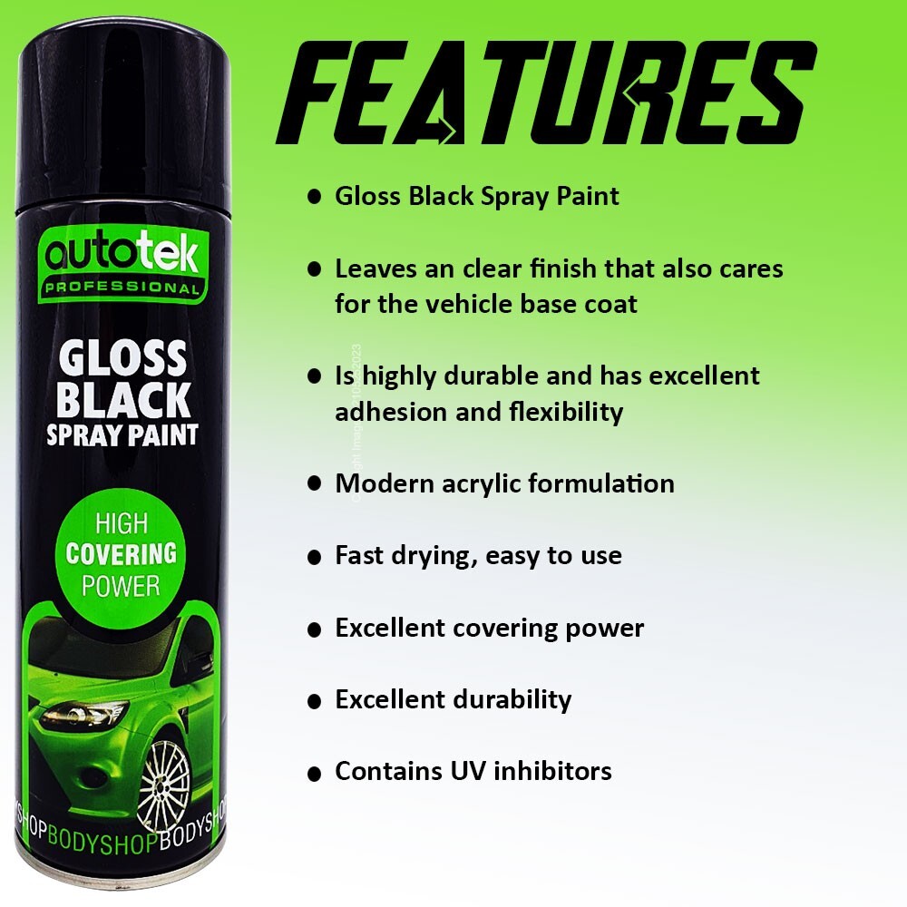 2 x 500ml AUTOTEK Professional Gloss Black Spray Paint Aerosol Can+Gloves+M