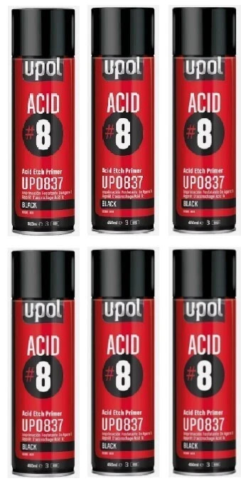 U-POL 837 Acid #8 Black 1K Etch Primer Auto Body Aerosol Spray 450 ml (6 Pack)