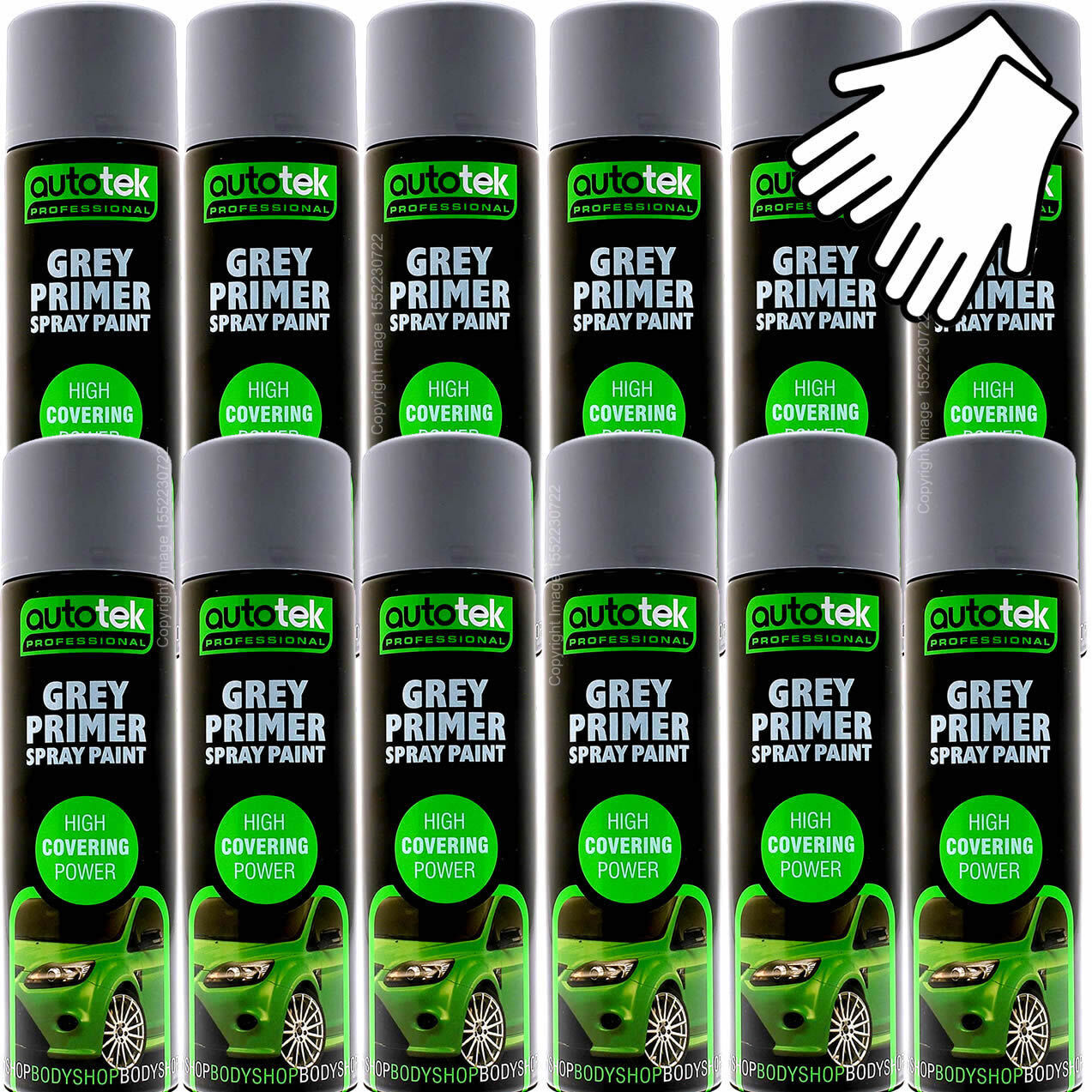 AUTOTEK GREY PRIMER Spray Aerosol Professional Fast Drying Paint 12 x 500ml+G+M