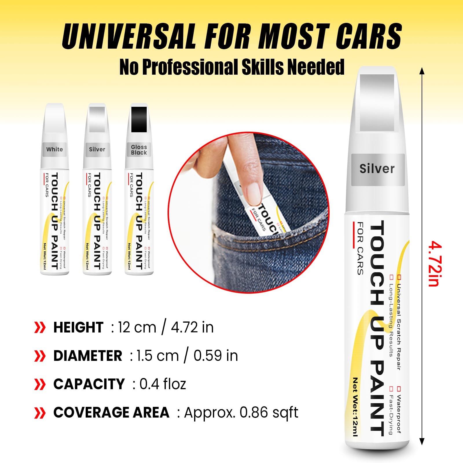 Silver Touch Up Paint for Cars, 2-in-1 Brush & 0.4 Fl Oz (Pack of 1),