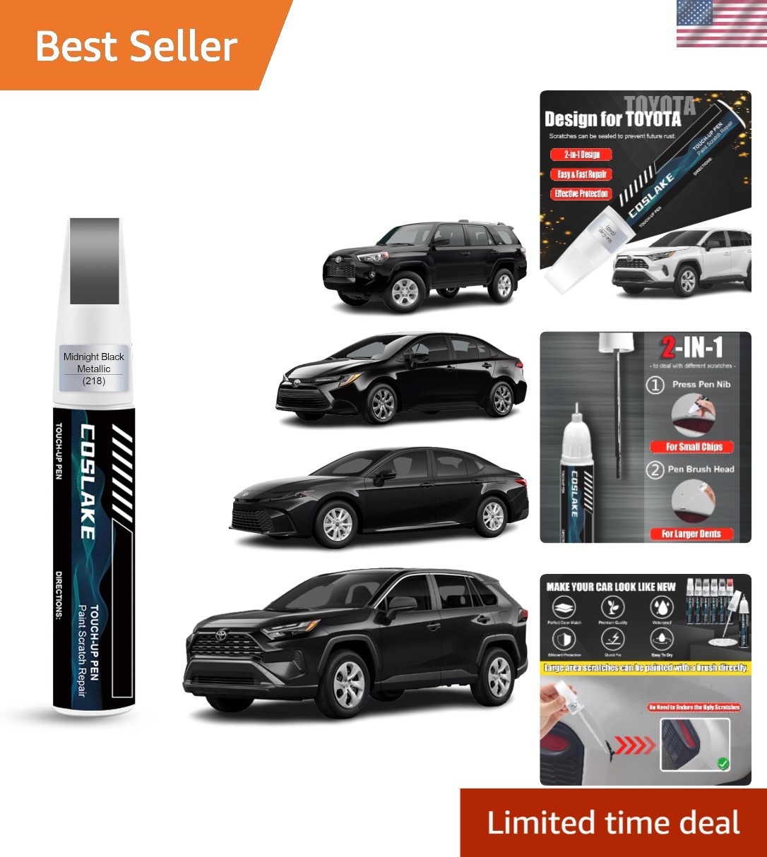 Car Scratch Repair Kit – Fast-Drying Midnight Black Metallic Paint, 12ml