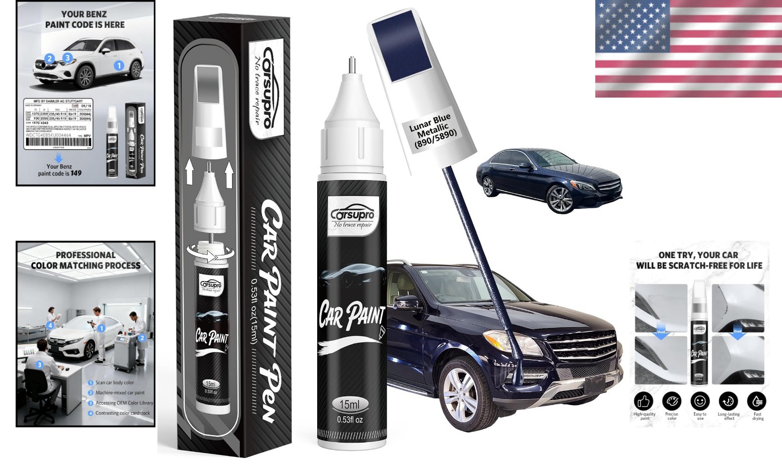 Fast-Drying Lunar Blue Metallic Scratch Repair Pen for Mercedes Benz Vehicles