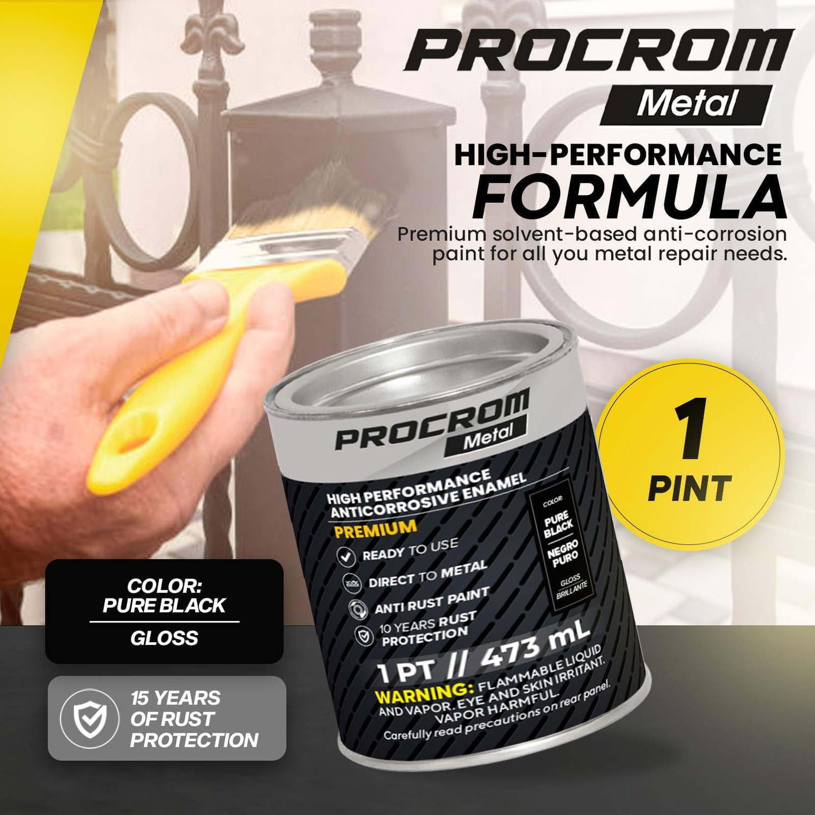 Metal Paint Gloss Pure Black Pint Direct to Metal Indoor Outdoor Rust Protection