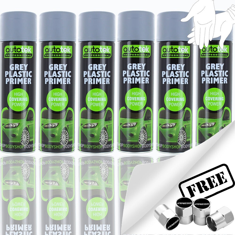 6 x Autotek GREY PLASTIC PRIMER Spray Paint Professional High Covering +G+CP
