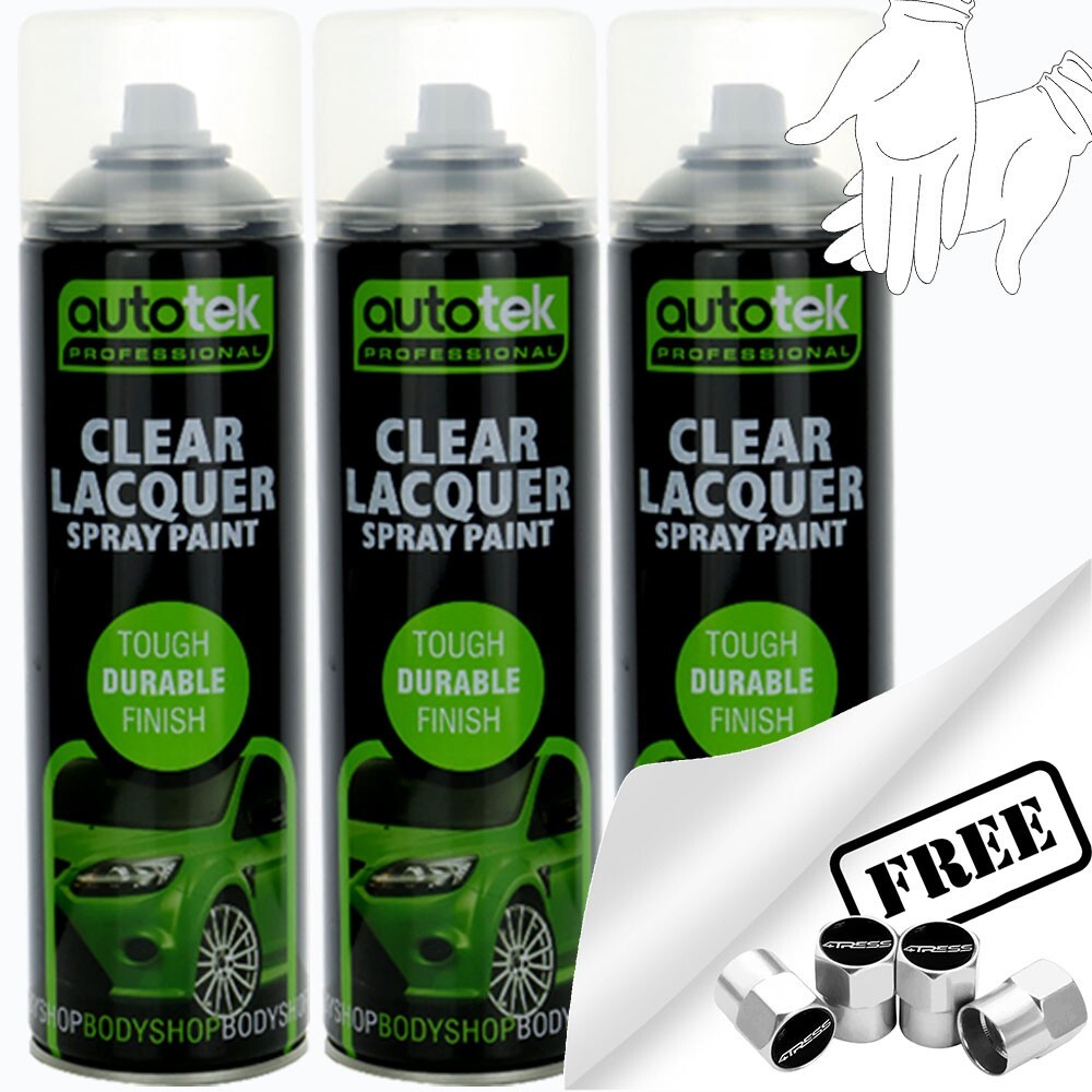 3 x Autotek GLOSS CLEAR LACQUER Spray Paint Professional Bodyshop Can+Glove+CP