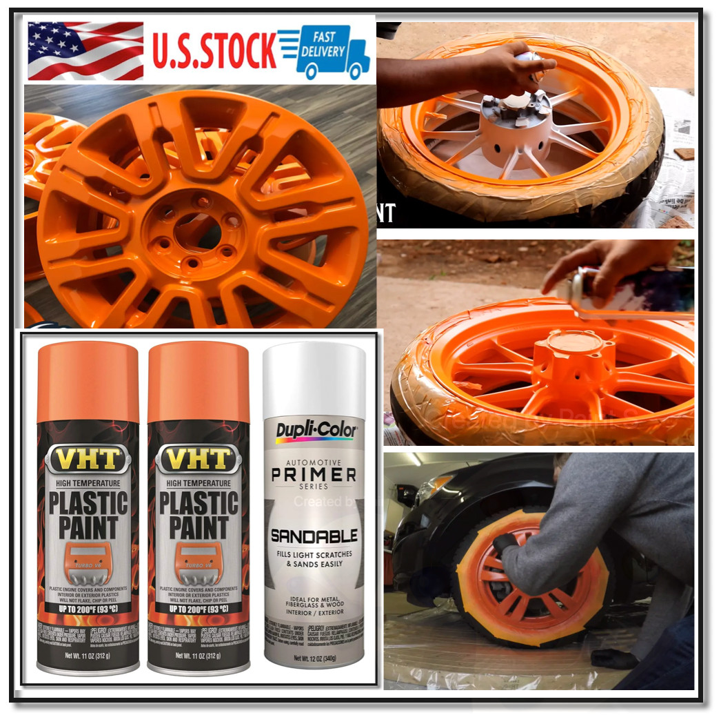 3PK Wheels Orange Spray Paint Rims Steel Metal Aluminum Plastic + Primer Coating