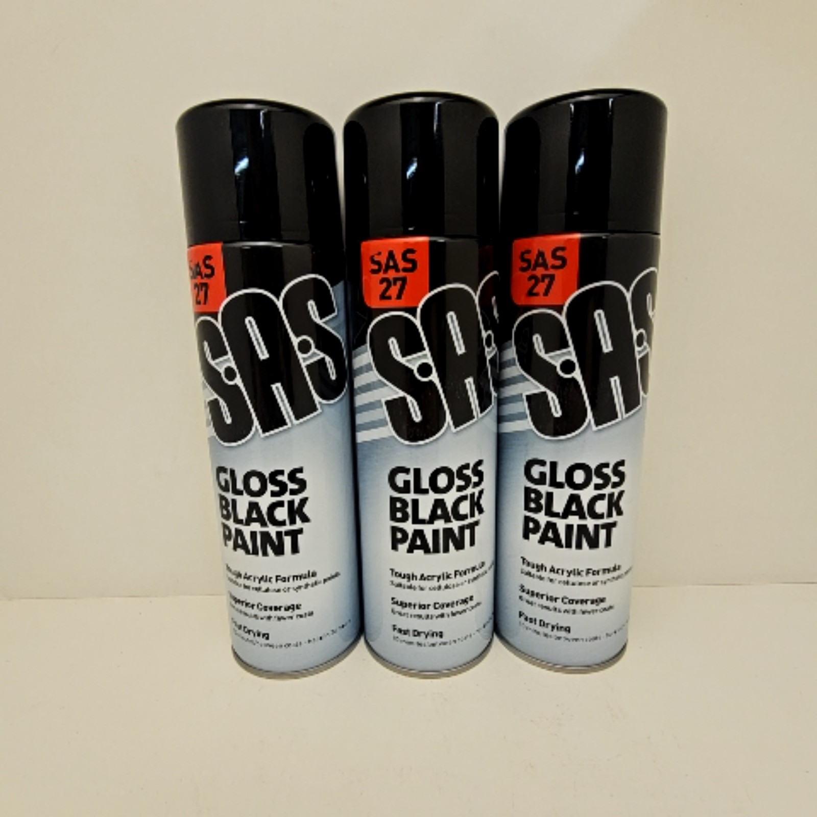 SAS 27 Black Gloss Spray Paint Tough Acrylic Formula 500ml Fast Dry lot of 3 M