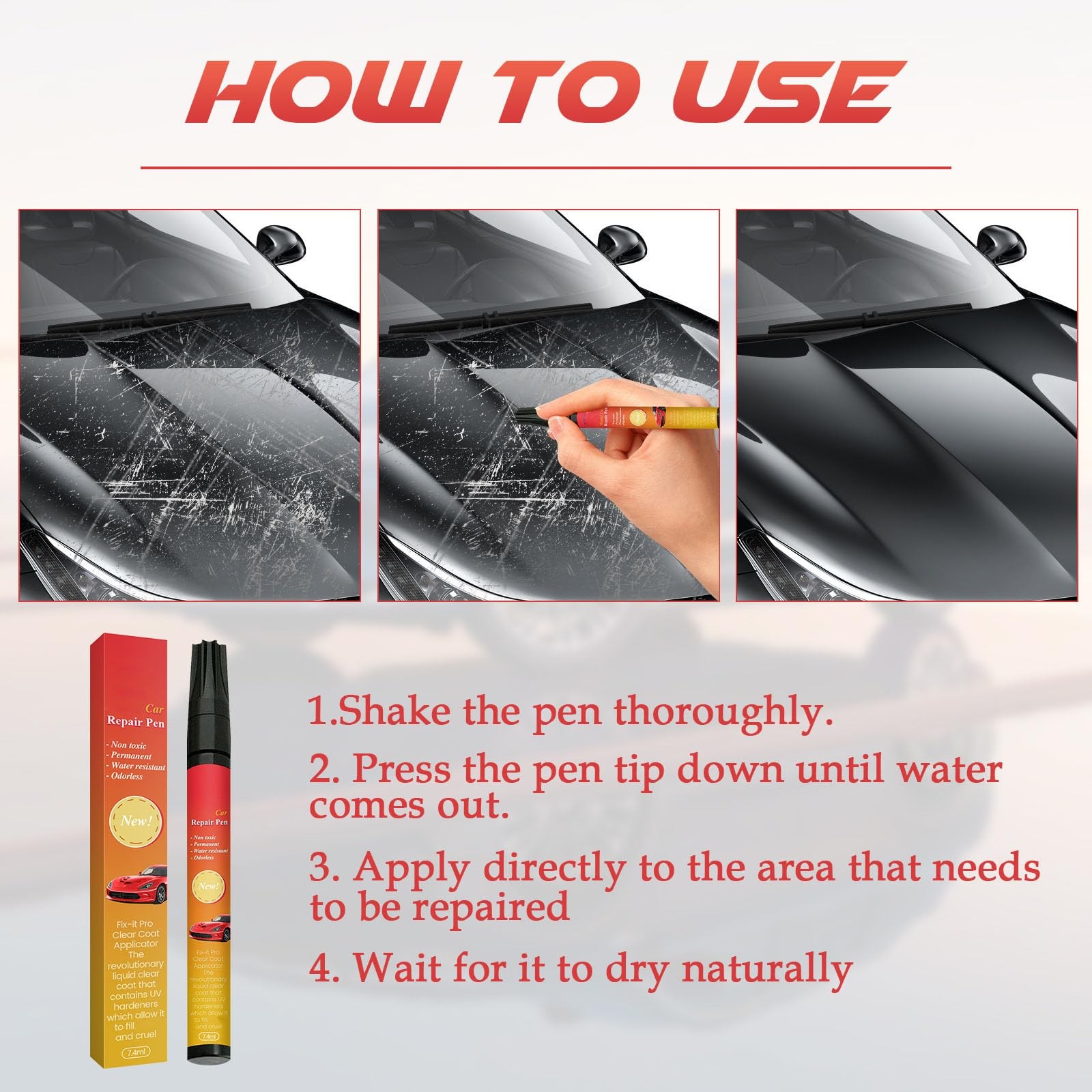 3PCS Car Scratch Repair Pen, Weatherproof Touch 0.33 Ounce (Pack of 3), black