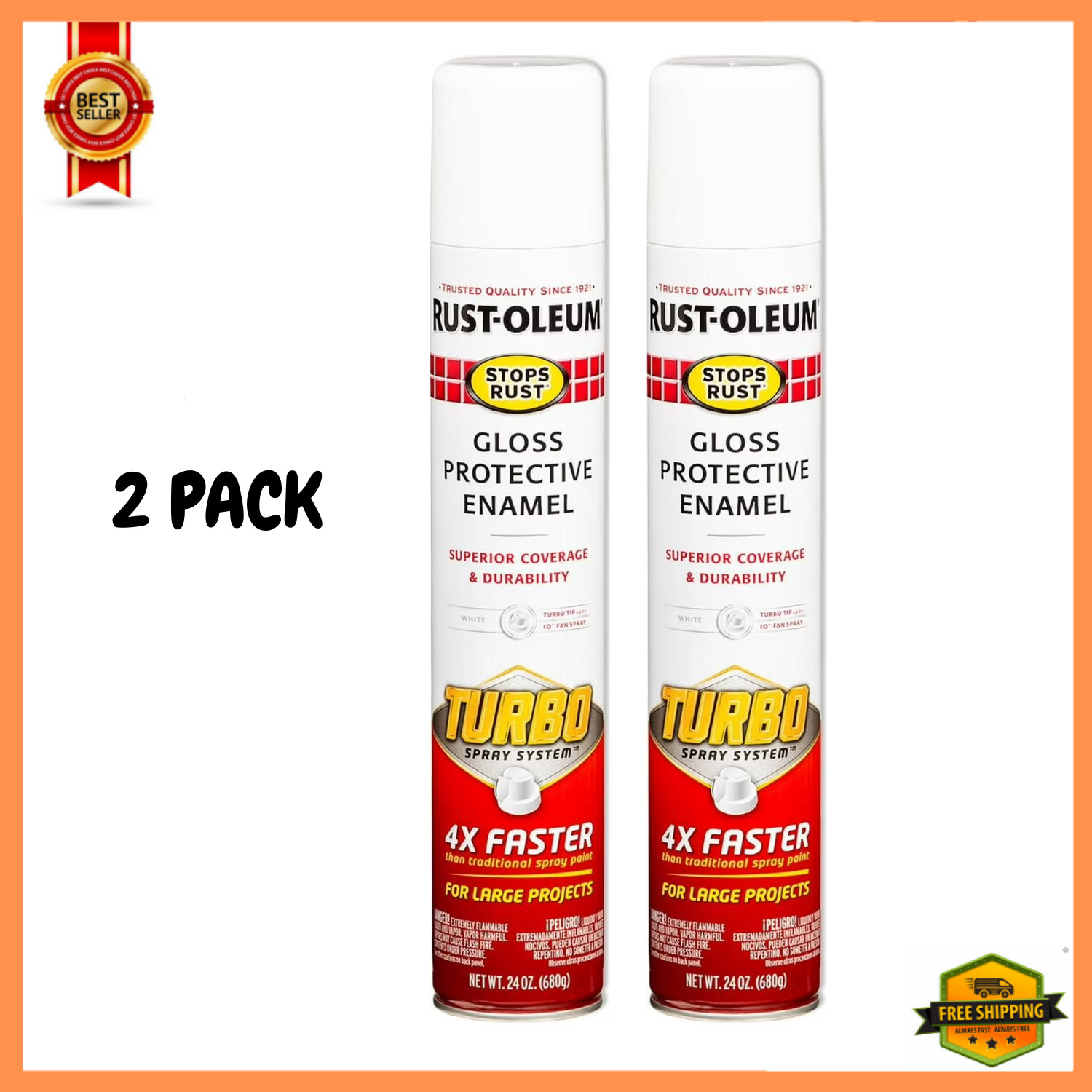 (2 Pack) Rust Oleum Turbo Protective Enamel Spray Paint High Output Gloss, 24 oz