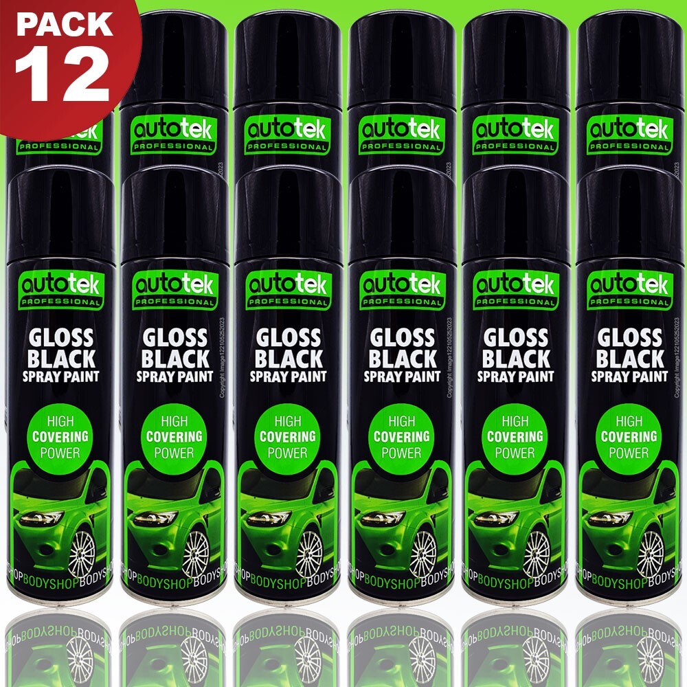 12x 500ml AUTOTEK Professional Gloss Black Spray Paint Aerosol Can GB500+G+M