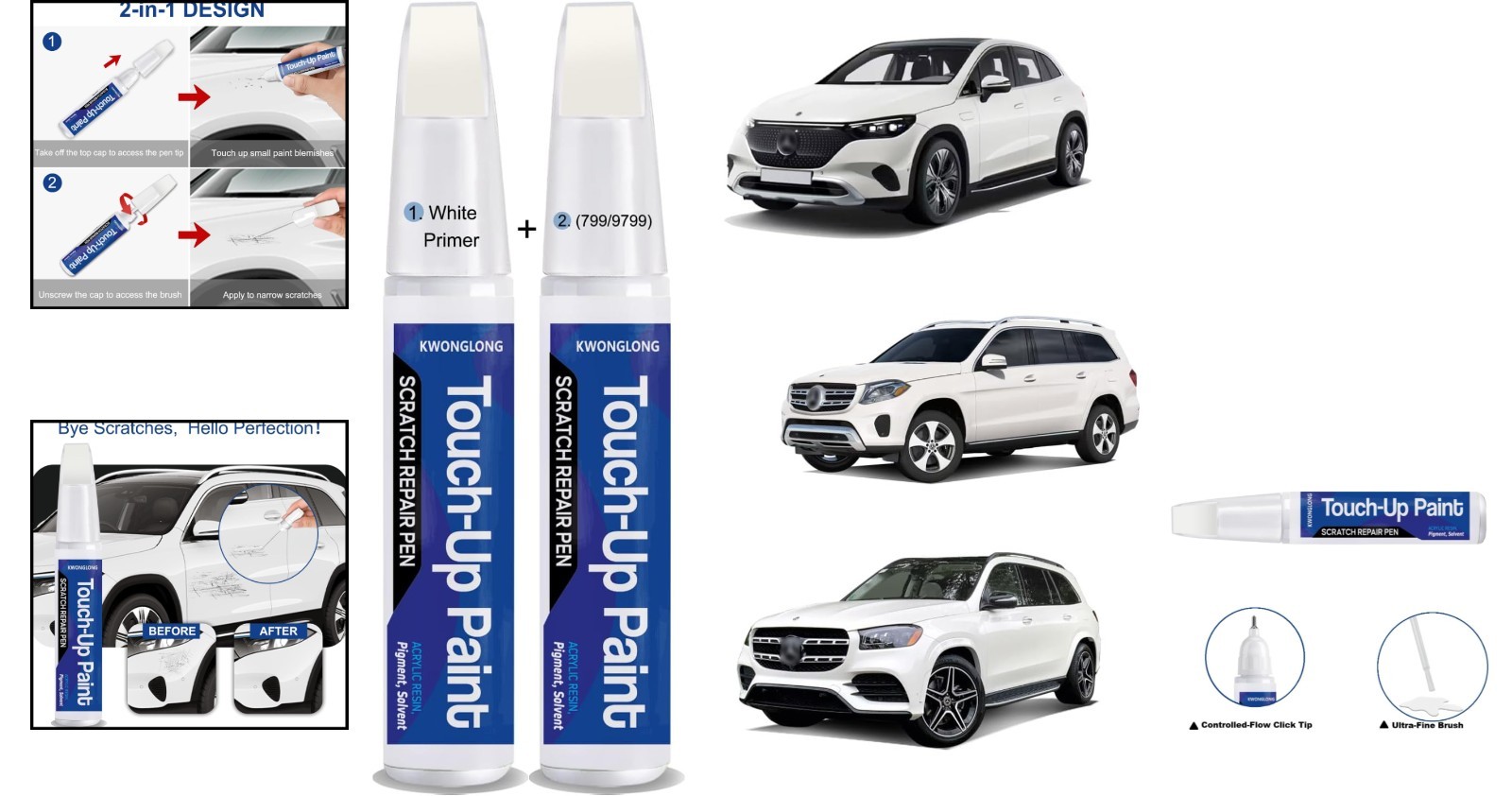 2-in-1 Scratch Repair Pen in Diamond White for Mercedes-Benz, Quick & Easy!