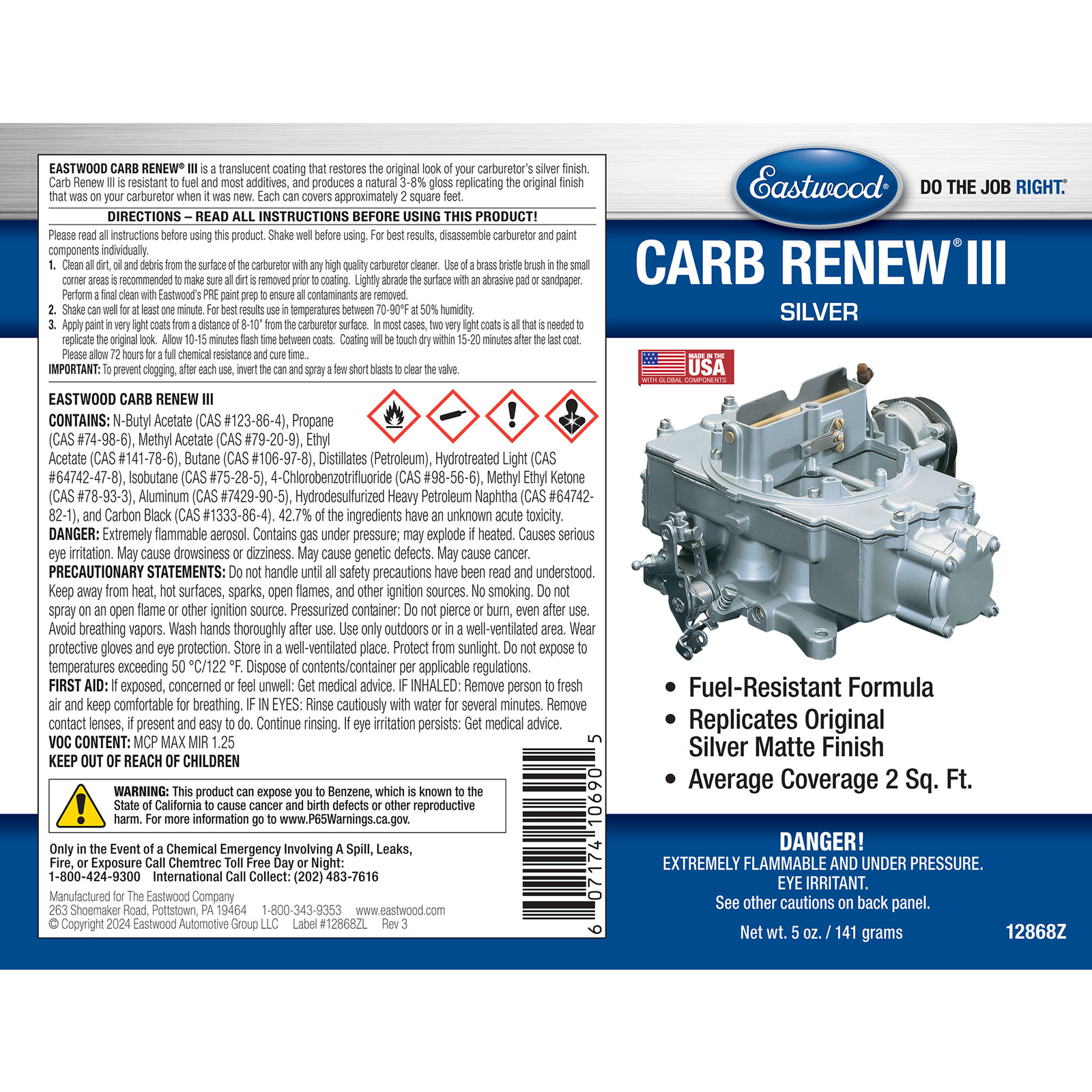 Eastwood Fuel Resistance Carburetor Renew Silver Matte Spray Paint Aerosol 5 Oz