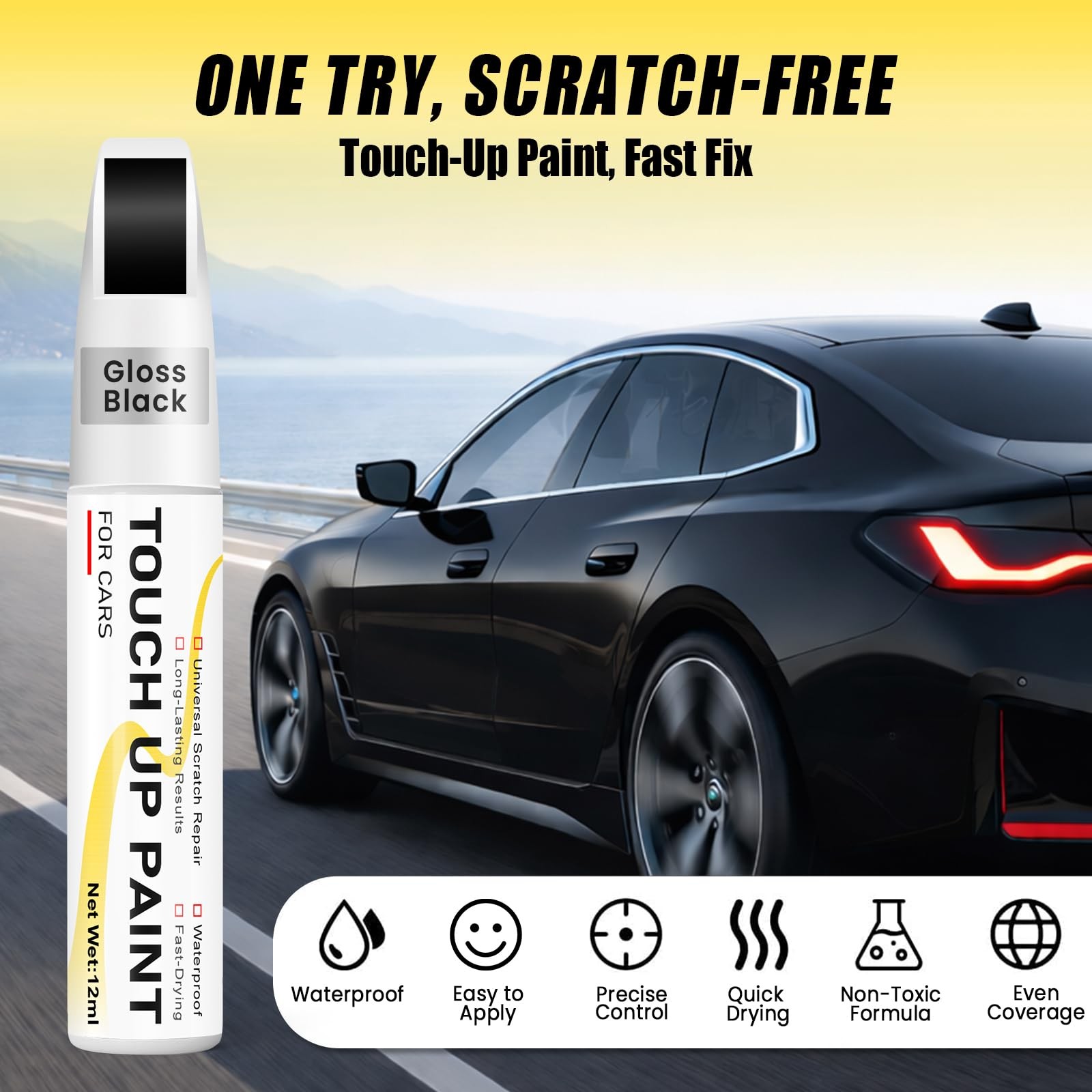 Gloss Black Touch Up Paint for cars, 2-in-1 0.4 Fl Oz (Pack of 1), Pure