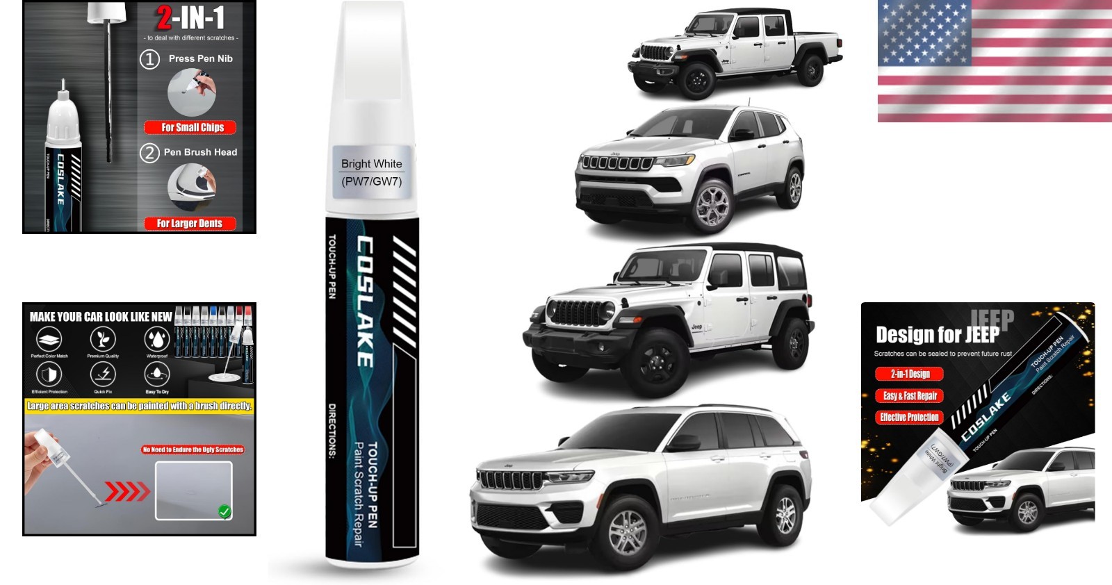 Jeep Touch Up Paint Pair – Bright White PW7/GW7, Fast-Drying Scratch Repair Kit