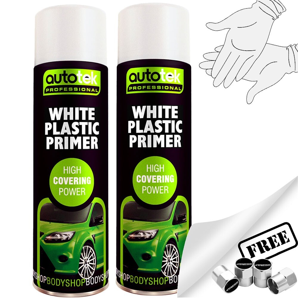 2 x Autotek WHITE PLASTIC PRIMER Spray Paint Can Professional High Covering+G+CP