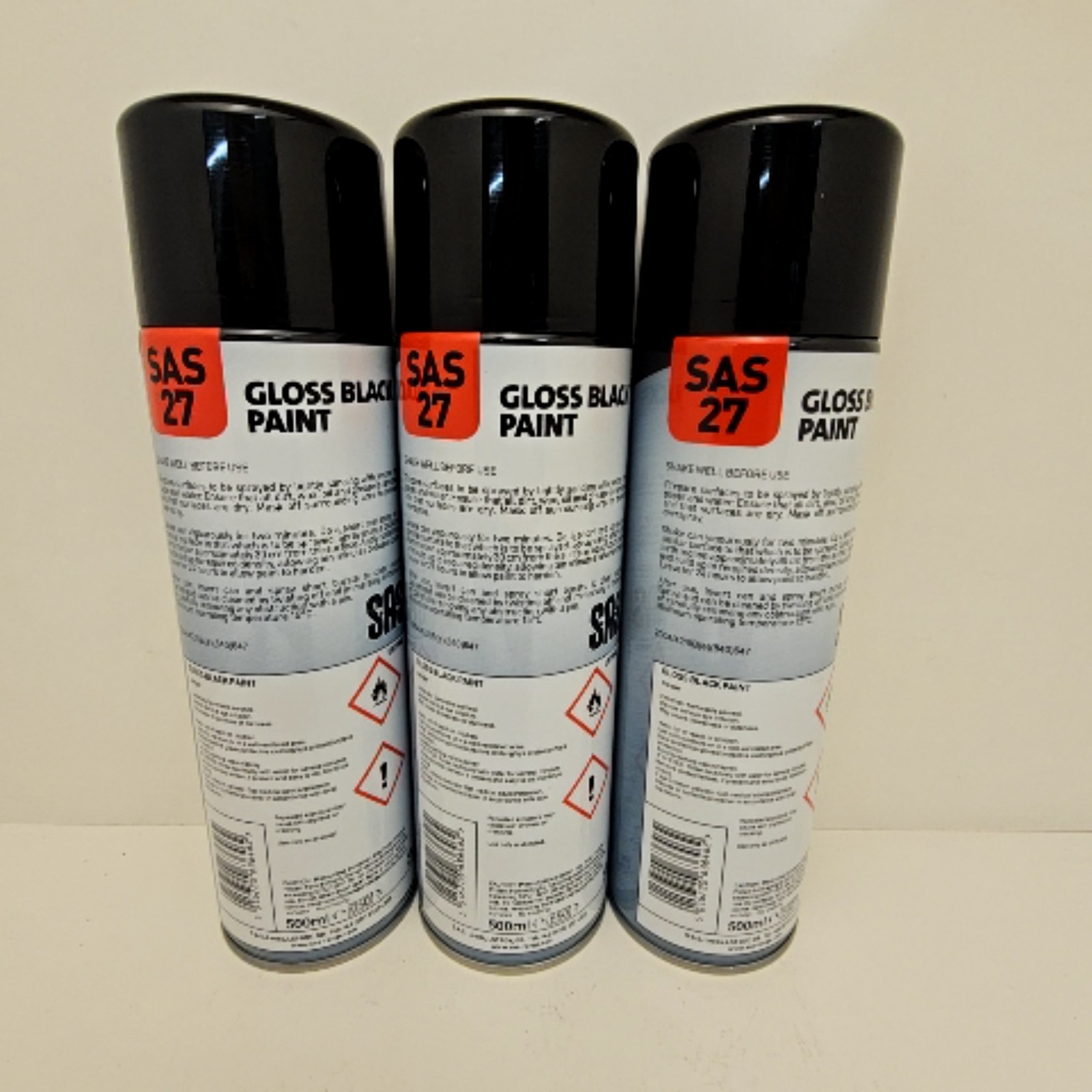 SAS 27 Black Gloss Spray Paint Tough Acrylic Formula 500ml Fast Dry lot of 3 M