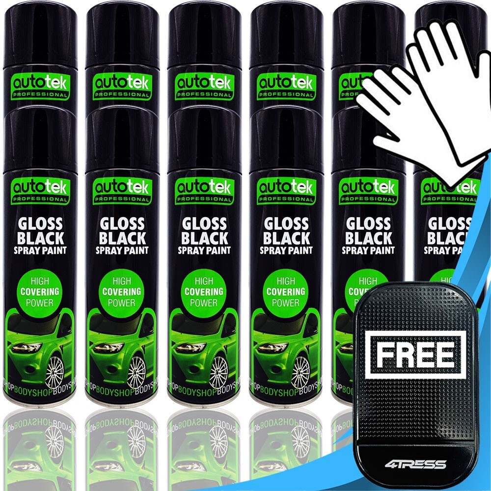 12x 500ml AUTOTEK Professional Gloss Black Spray Paint Aerosol Can GB500+G+M