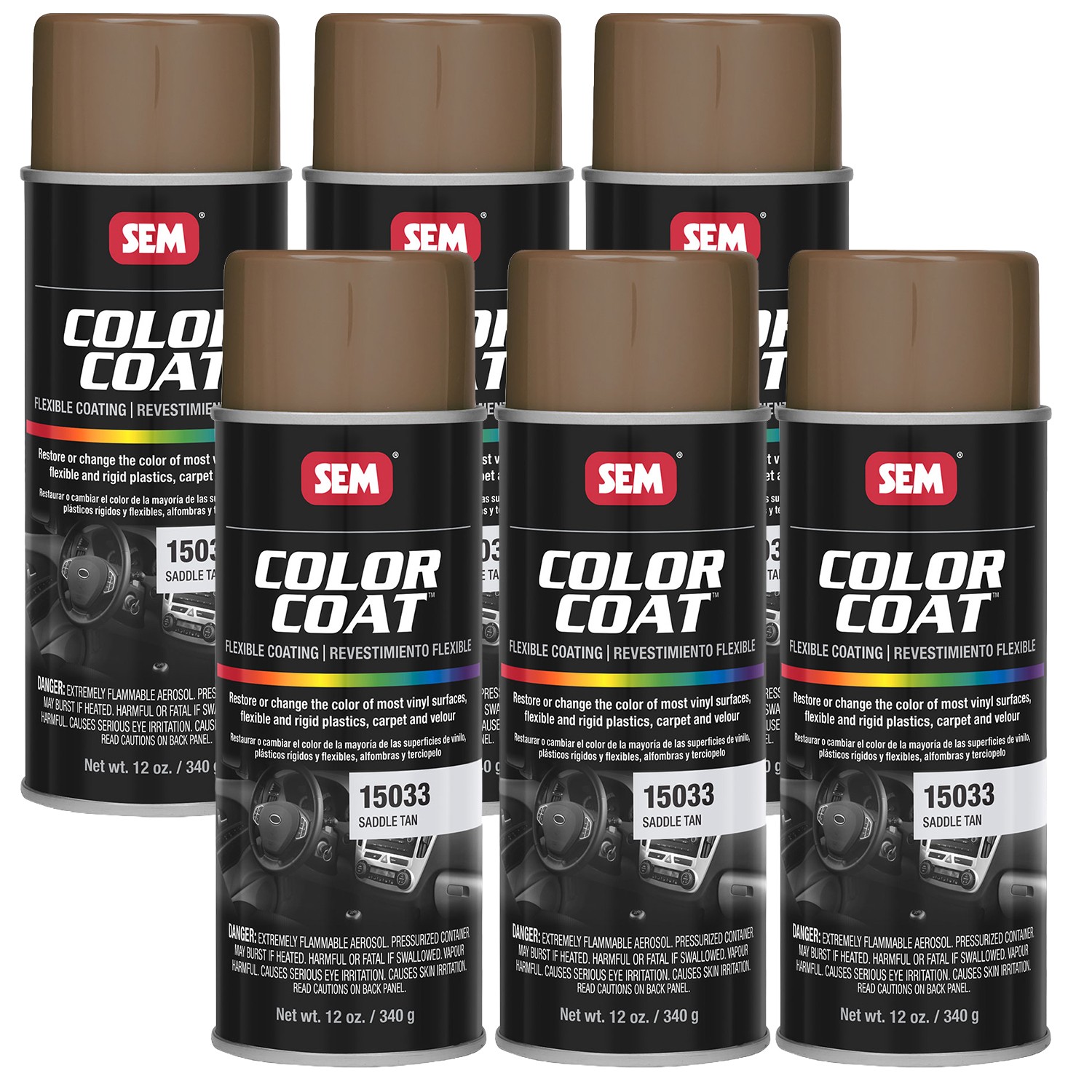 SEM Color Coat Saddle Tan Vinyl Spray Auto Paint 12 oz. SEM 15033, 6 Pack