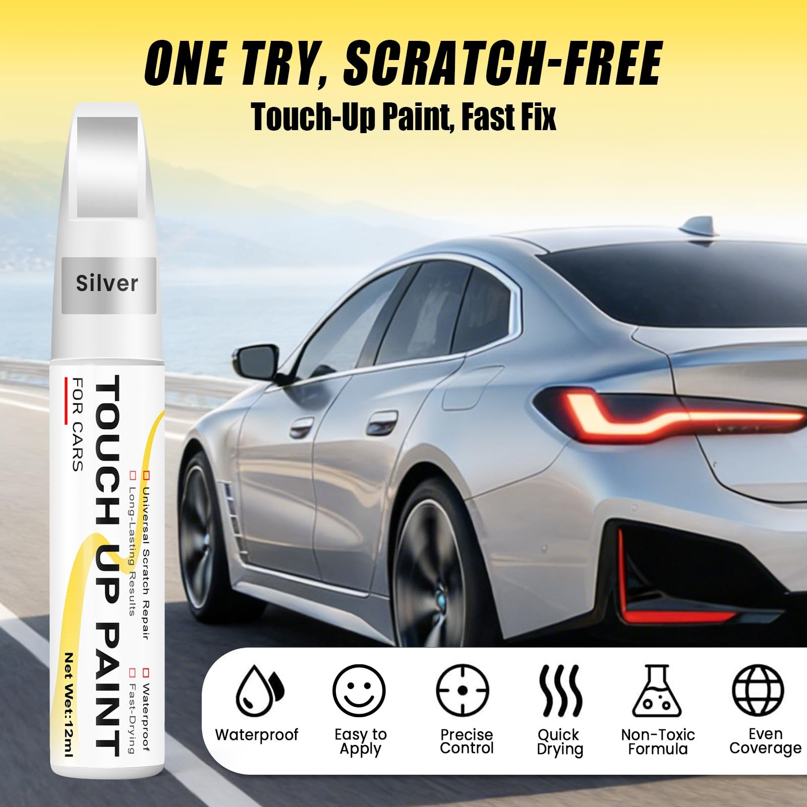 Silver Touch Up Paint for Cars, 2-in-1 Brush & 0.4 Fl Oz (Pack of 1),