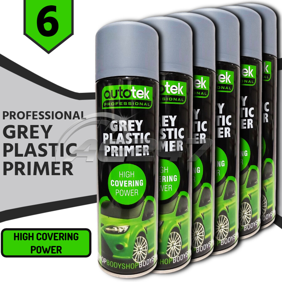 6x 500ml AUTOTEK Professional Fast Drying Grey Plastic Primer Spray Aerosol+G+M