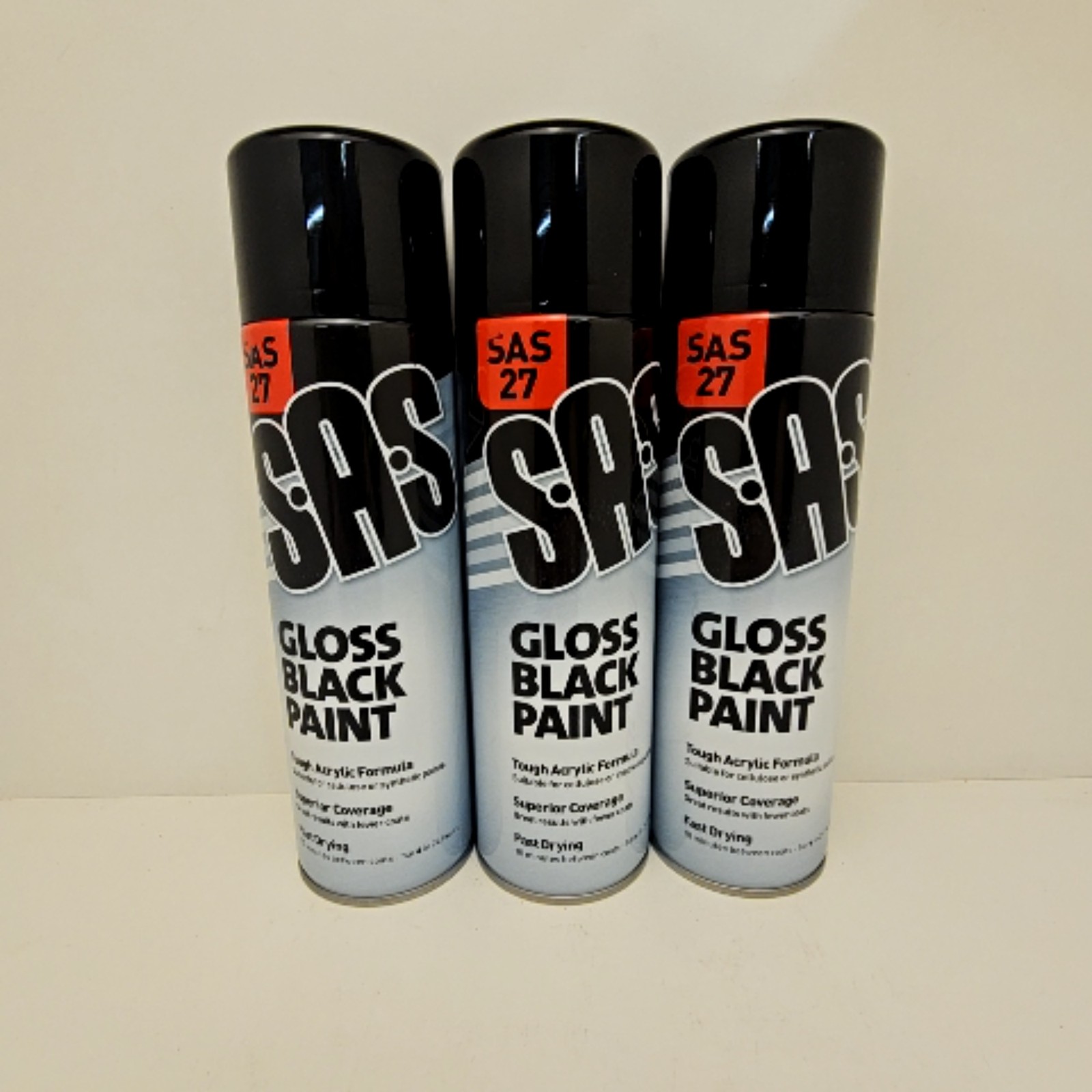 SAS 27 Black Gloss Spray Paint Tough Acrylic Formula 500ml Fast Dry lot of 3 M
