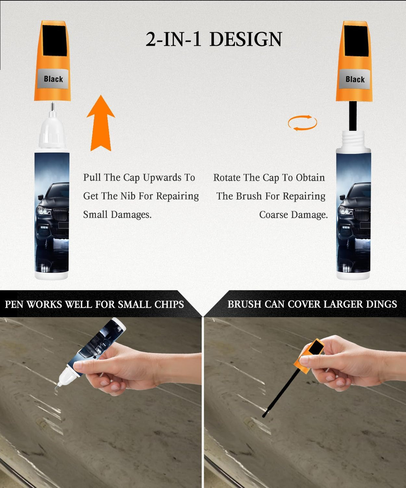 Black Car Touch Up Paint Pen 2-in-1 Gloss Automotive Scratch Repair Kit 0.4oz