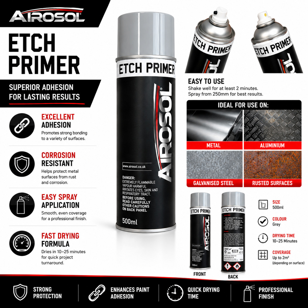 12 x Etch Primer Aerosol Spray 500ml Bare Metal Car Adhesion Promoter 12 Pack