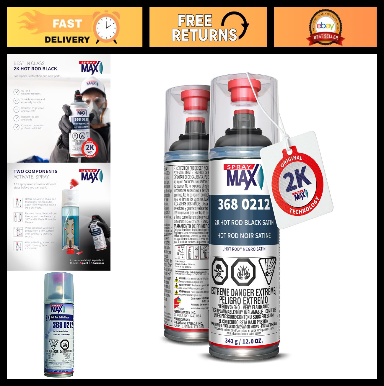 2K Automotive Satin Black Spray Paint – Hot Rod Finish for Cars, Metal & Plastic
